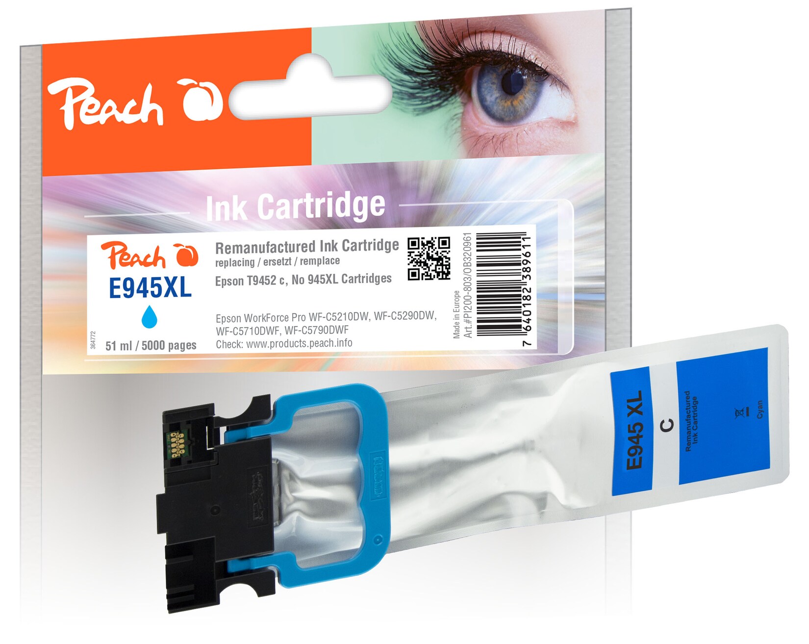 Peach E944/945/946 Druckerpatrone XL cy ersetzt Epson T9452, No. 945XLC, C13T945240 für z.B. Epson WorkForce Pro WFC 5710 DWF (wiederaufbereitet)