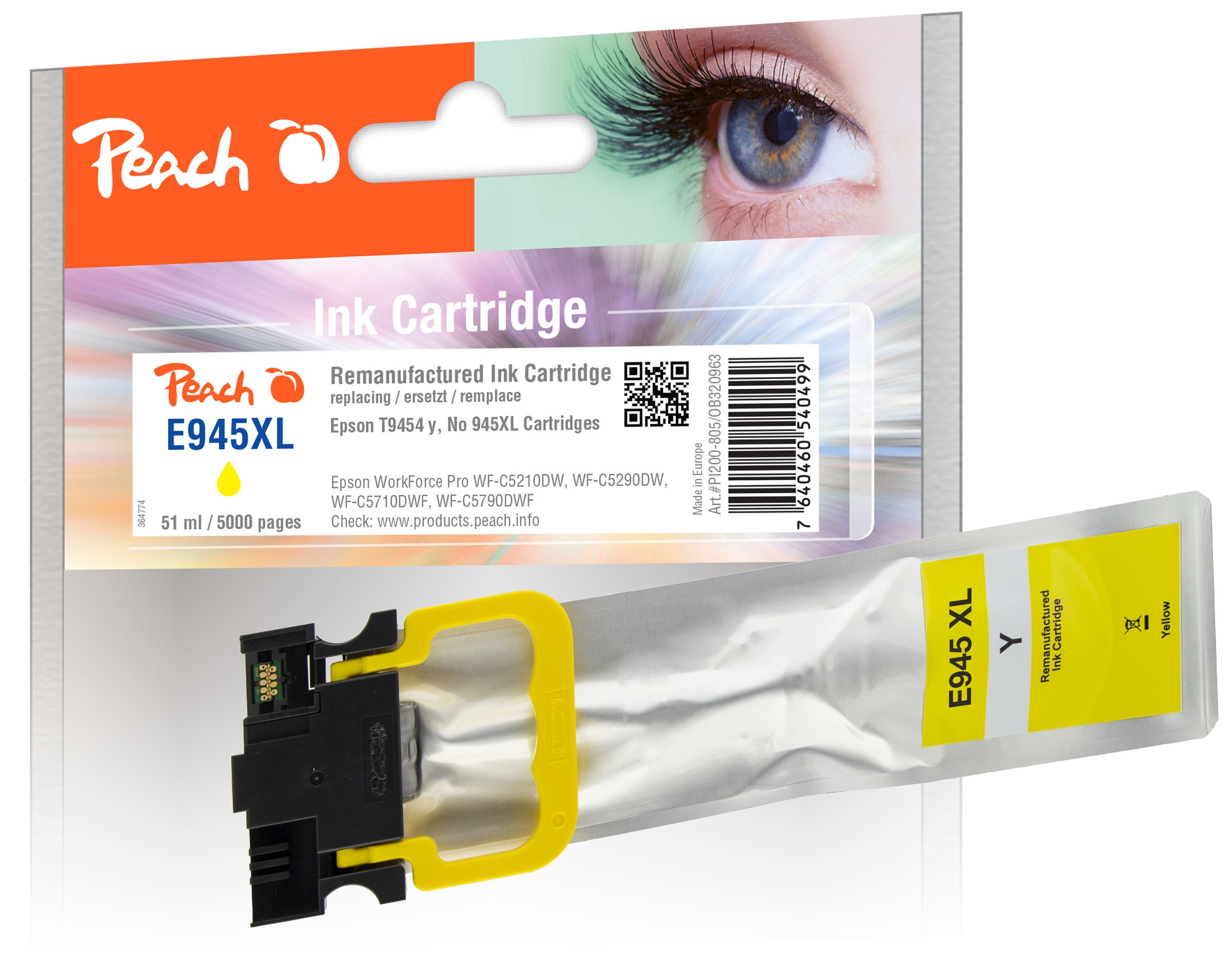 Peach E944/945/946 Druckerpatrone XL ye ersetzt Epson T9454, No. 945XLY, C13T945440 f&uuml;r z.B. Epson WorkForce Pro WFC 5210 DW (wiederaufbereitet) - Bild 1