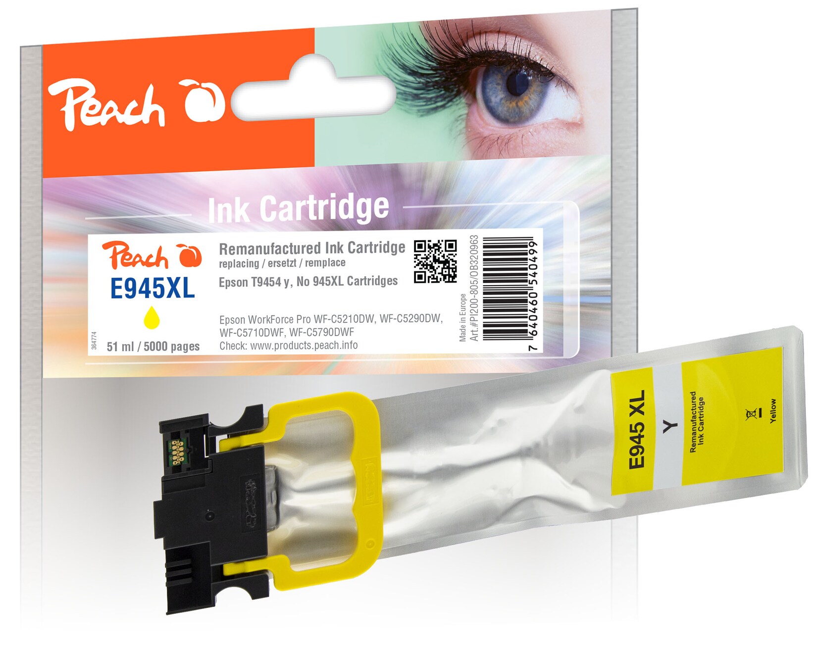 Peach E944/945/946 Druckerpatrone XL ye ersetzt Epson T9454, No. 945XLY, C13T945440 für z.B. Epson WorkForce Pro WFC 5710 DWF (wiederaufbereitet)