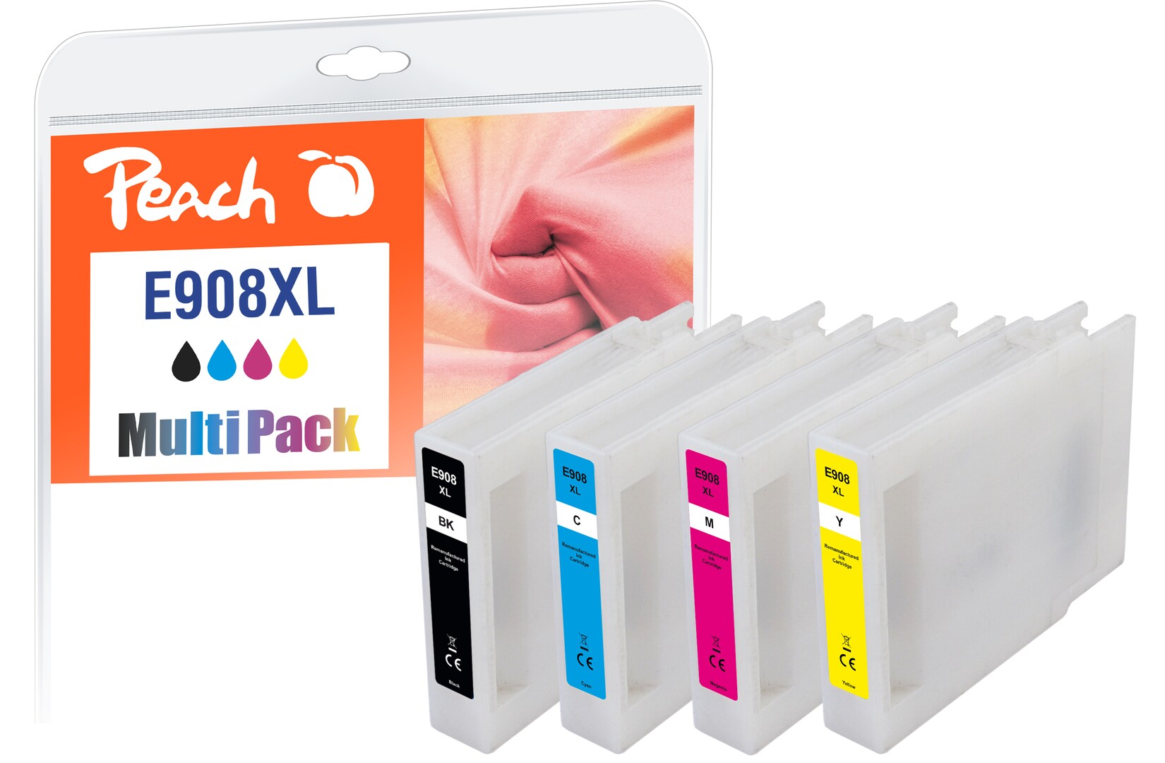 Peach E908 XL 4 Druckerpatronen XL (bk, c/m/y) ersetzt Epson No. 908XL, T9081, T9082, T9083, T9084 für z.B. Epson Workforce Pro WF -6090 DW (wiederaufbereitet)