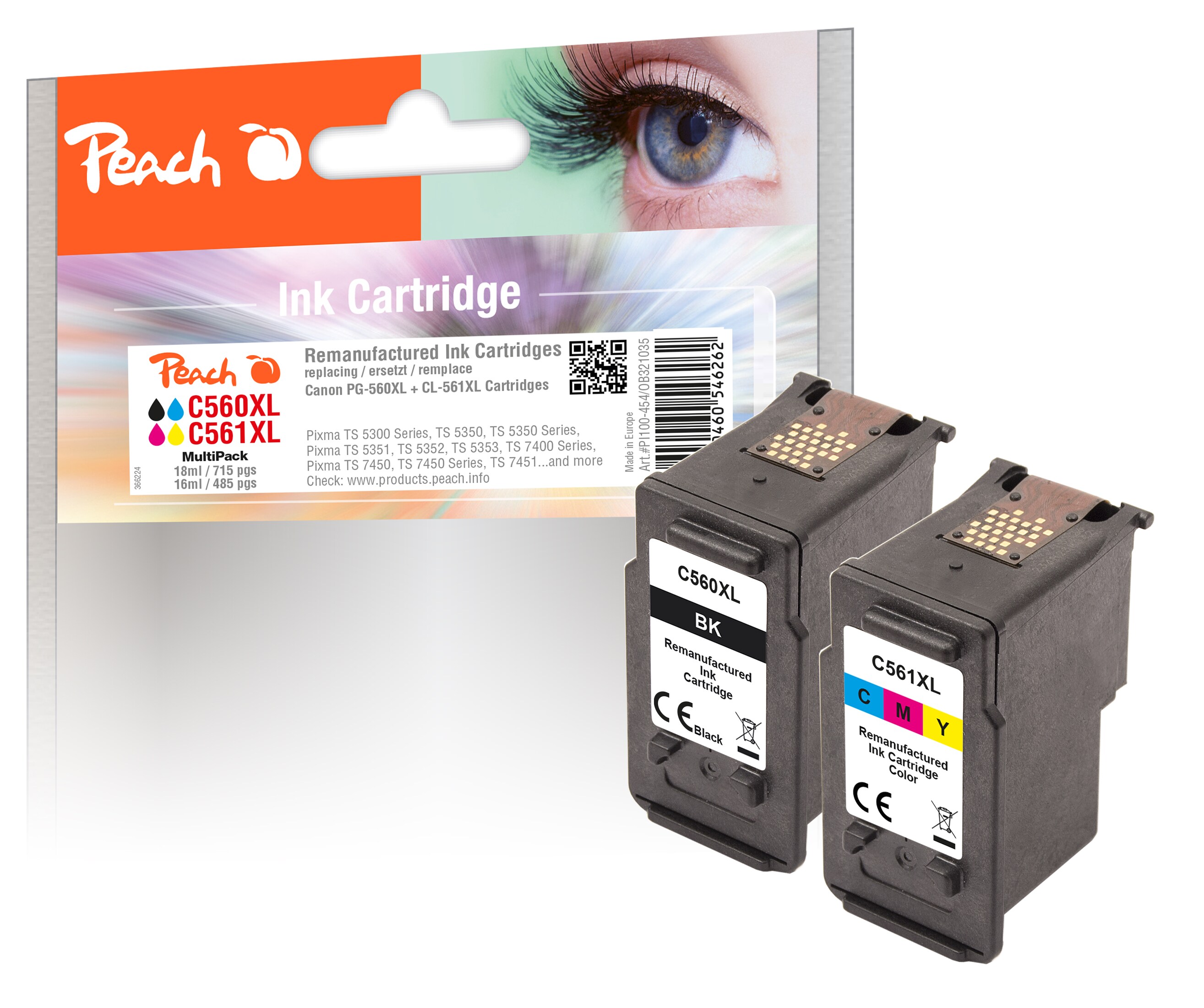 Peach C560 XLBK 2 Druckerpatronen XL (bk, col) ersetzt Canon PG-560XLBK, CL-561XLC, 3712C006 f&uuml;r z.B. Canon Pixma TS 5350 i, Canon Pixma TS 5350 a (wiederaufbereitet) - Bild 1