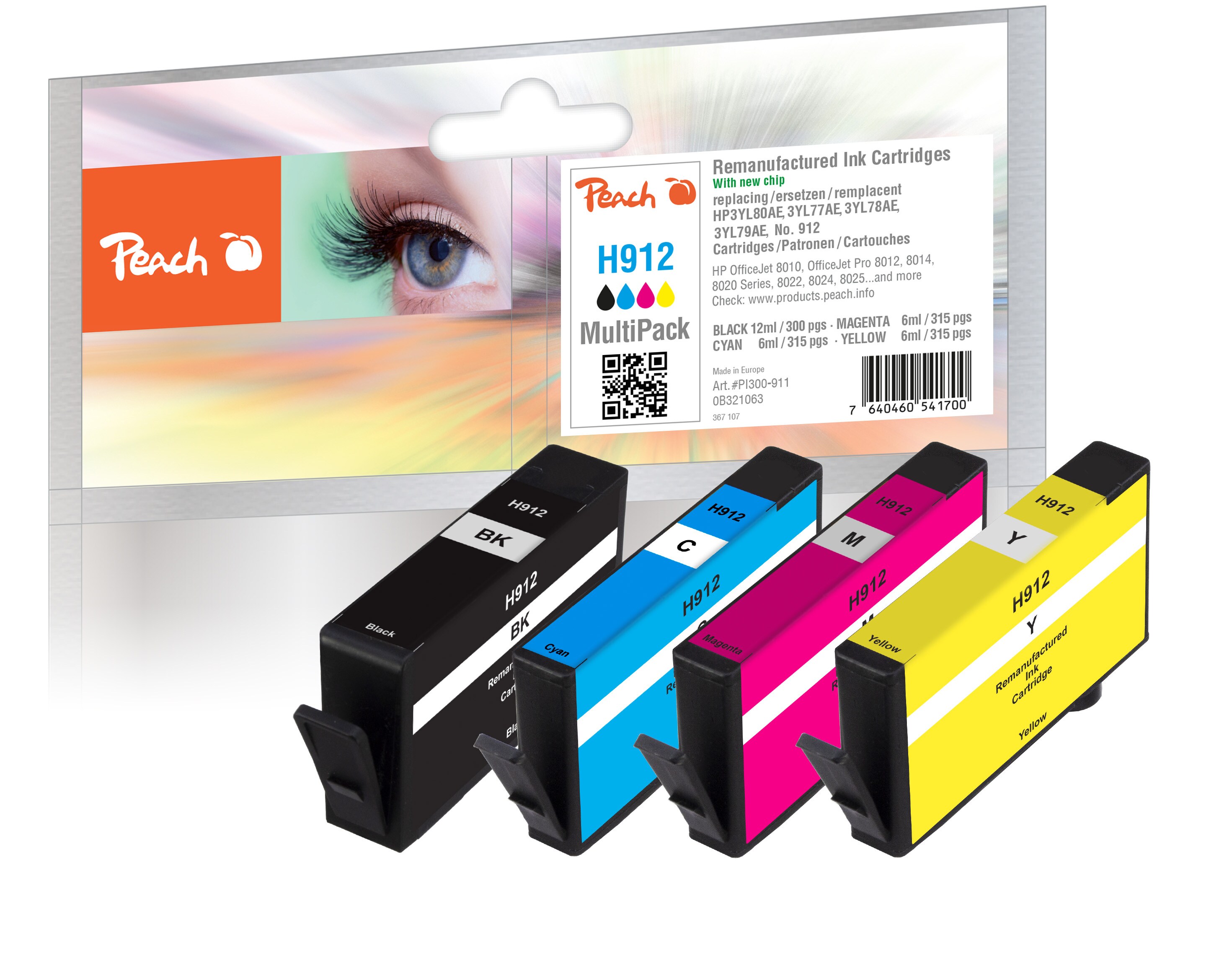 Peach HP 912  4 Druckerpatronen (bk, c/m/y) ersetzt HP No. 912, 6ZC74AE f&uuml;r z.B. HP OfficeJet 8010, HP OfficeJet Pro 8020, HP OfficeJet Pro 8012 (wiederaufbereitet) - Bild 1