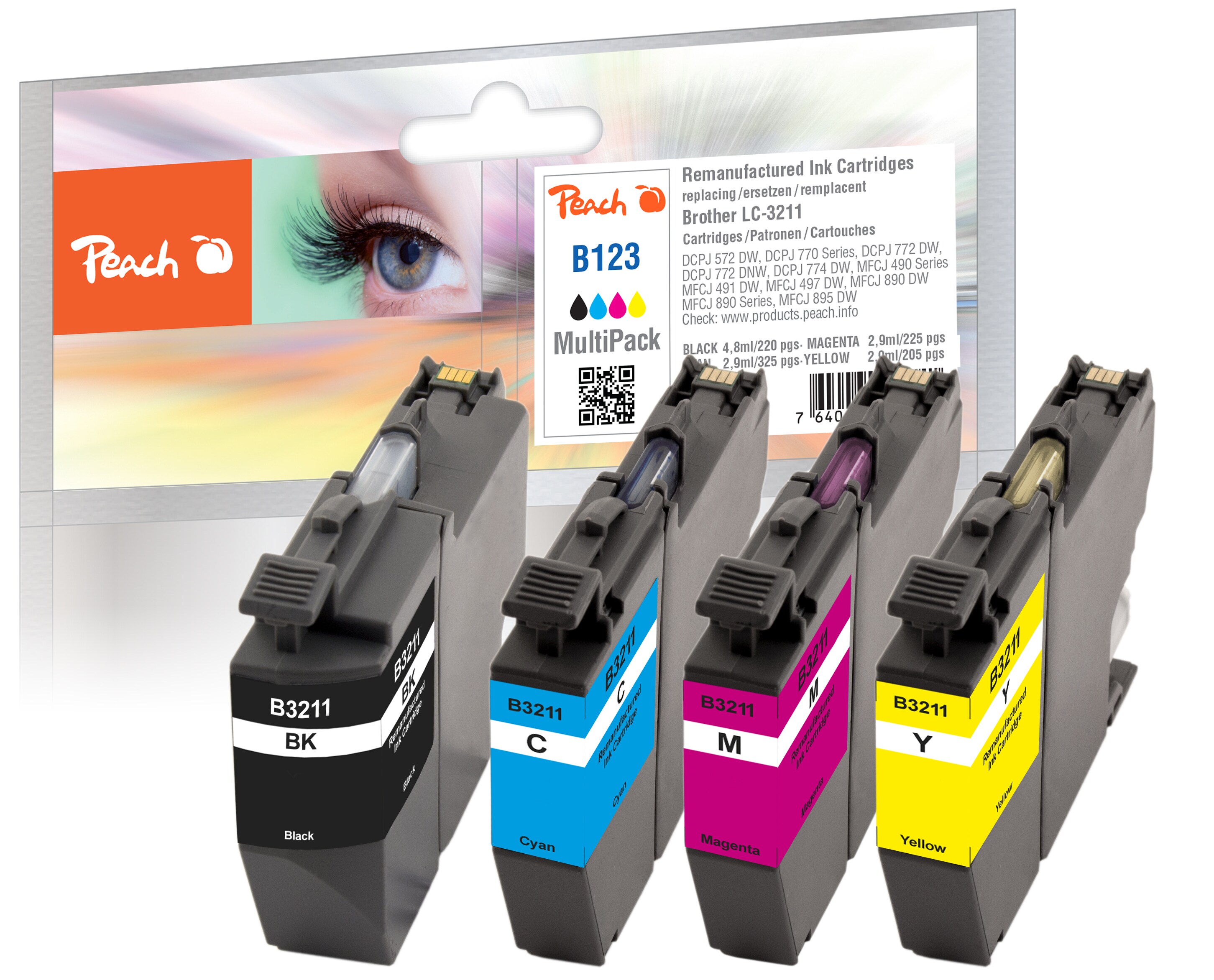 Peach B3211 VALP 4 Druckerpatronen (bk, c/m/y) ersetzt Brother LC-3211VALP f&uuml;r z.B. Brother MFCJ 895 DW, Brother MFCJ 497 DW, Brother DCPJ 572 DW (wiederaufbereitet) - Bild 1