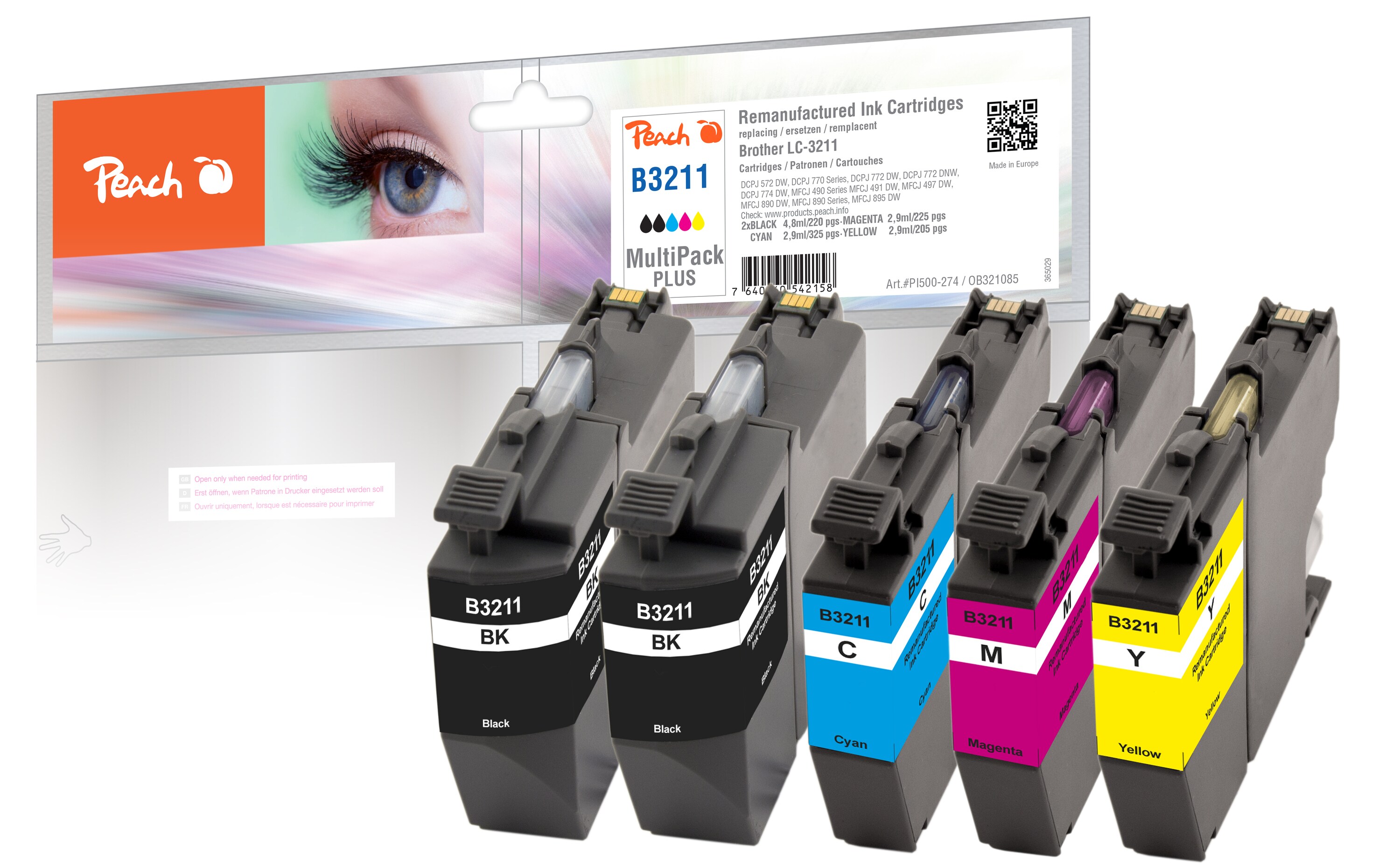 Peach B3211  Spar Plus Pack Druckerpatronen (2*bk, c/m/y) ersetzt Brother LC-3211 f&uuml;r z.B. Brother DCPJ 572 DW, Brother MFCJ 895 DW, Brother MFCJ 490 (wiederaufbereitet) - Bild 1
