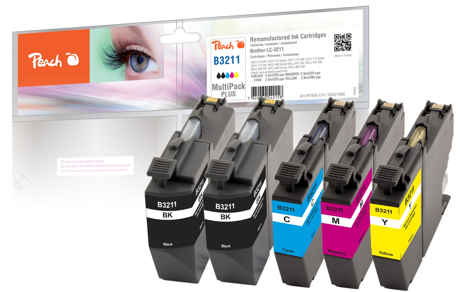 Peach B3211  Spar Plus Pack Druckerpatronen (2*bk, c/m/y) ersetzt Brother LC-3211 für z.B. Brother DCPJ 572 DW, Brother MFCJ 491 DW, Brother DCPJ 770 (wiederaufbereitet) | 07640460542158