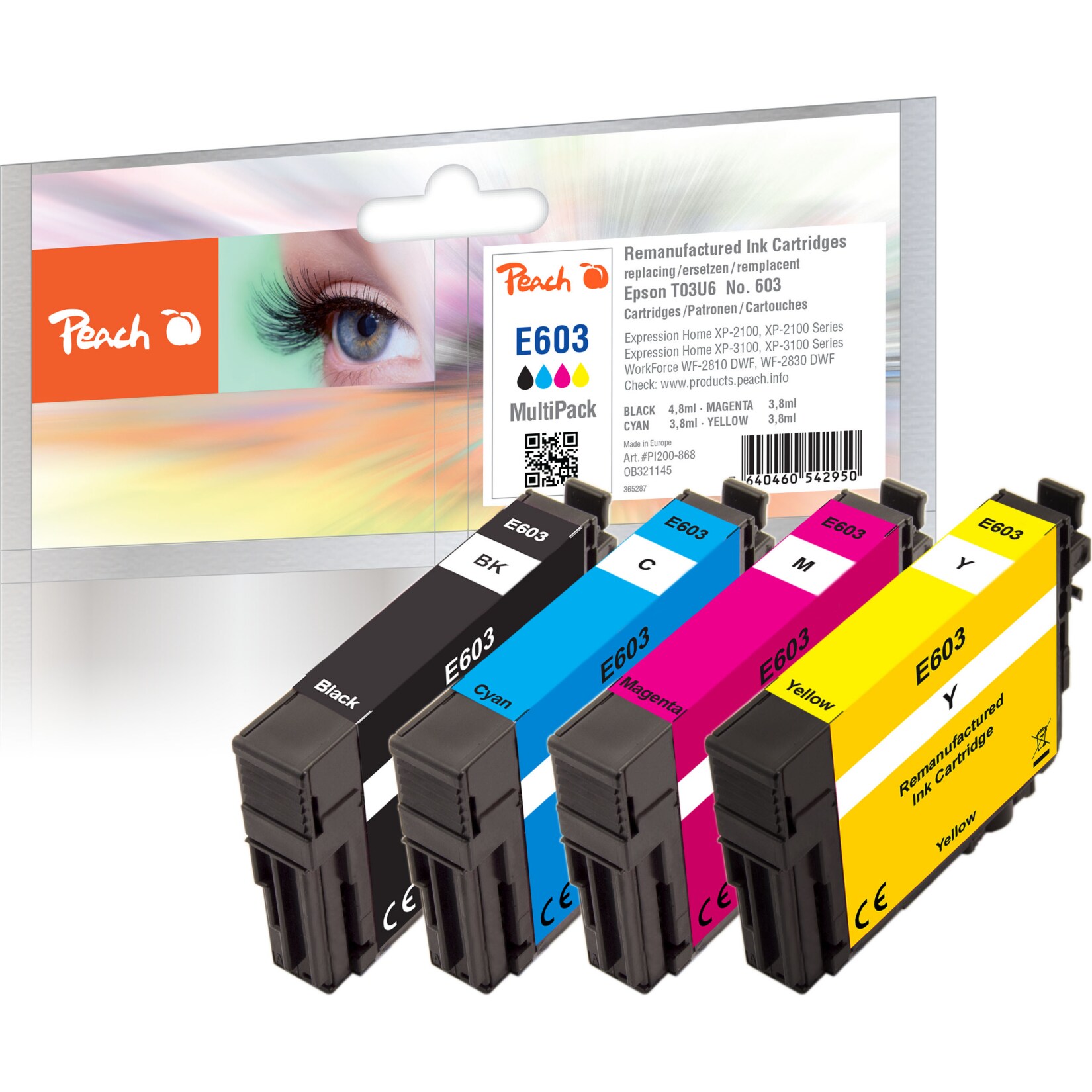 Peach E603  4 Druckerpatronen (bk, c/m/y) ersetzt Epson No. 603, C13T03U64010 f&uuml;r z.B. Epson Expression Home XP -2100, Epson Expression Home XP -2105 (wiederaufbereitet) - Bild 1