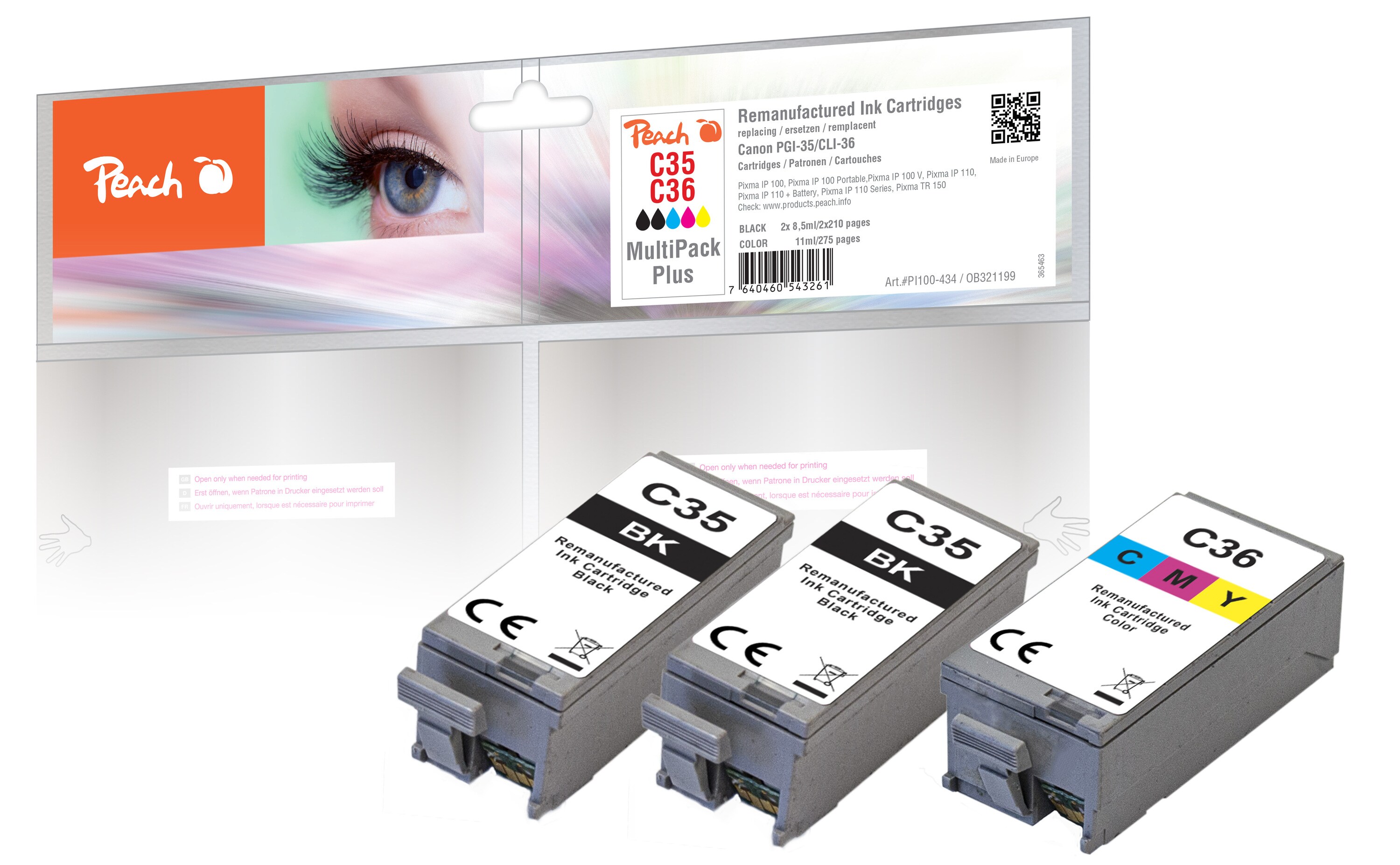 Peach C35 BK 3 Druckerpatronen (2*bk, col) ersetzt Canon PGI-35BK, CLI-36C, 1509B001*2, 1511B001 f&uuml;r z.B. Canon Pixma IP 100, Canon Pixma IP 100 V (wiederaufbereitet) - Bild 1