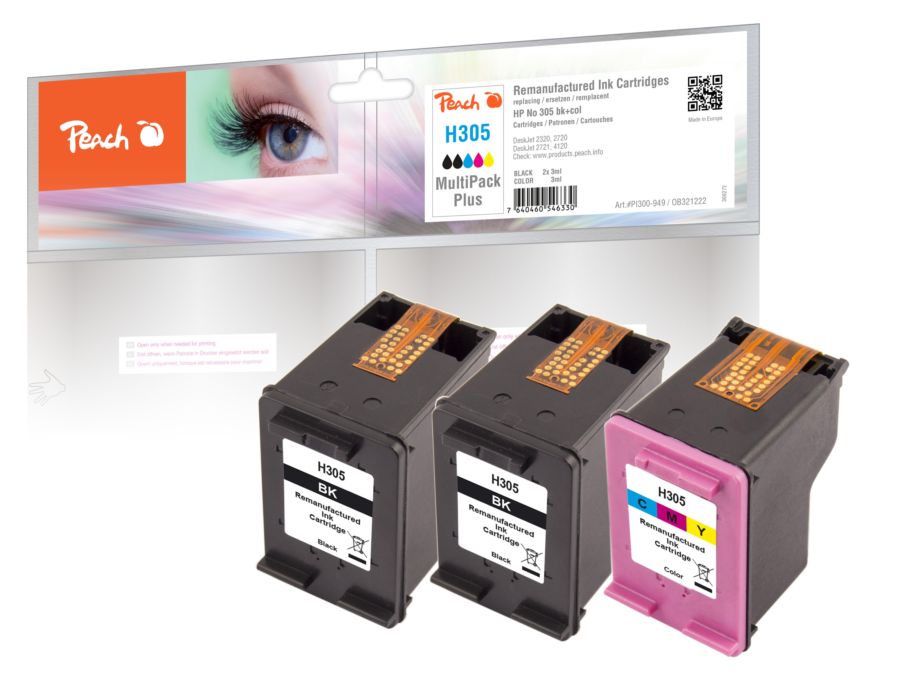 Peach HP 305  3 Druckk&ouml;pfe (2*bk, col) ersetzt HP No. 305, 3YM61AE*2, 3YM60AE f&uuml;r z.B. HP DeskJet 2700, HP DeskJet 2710, HP DeskJet Plus 4110 (wiederaufbereitet) - Bild 1