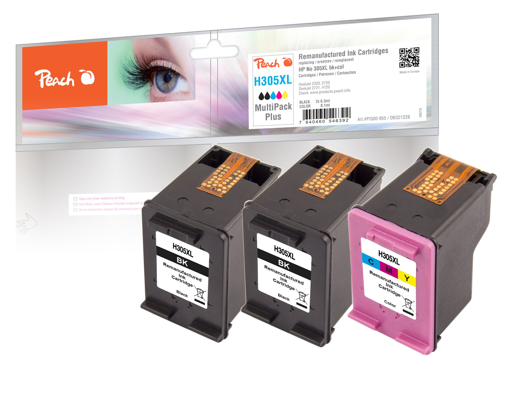 Peach HP 305 XL 3 Druckköpfe XL (2*bk, col) ersetzt HP No. 305XL, 3YM62AE*2, 3YM63AE für z.B. HP DeskJet 2700, HP DeskJet 2720, HP DeskJet 2710 (wiederaufbereitet)