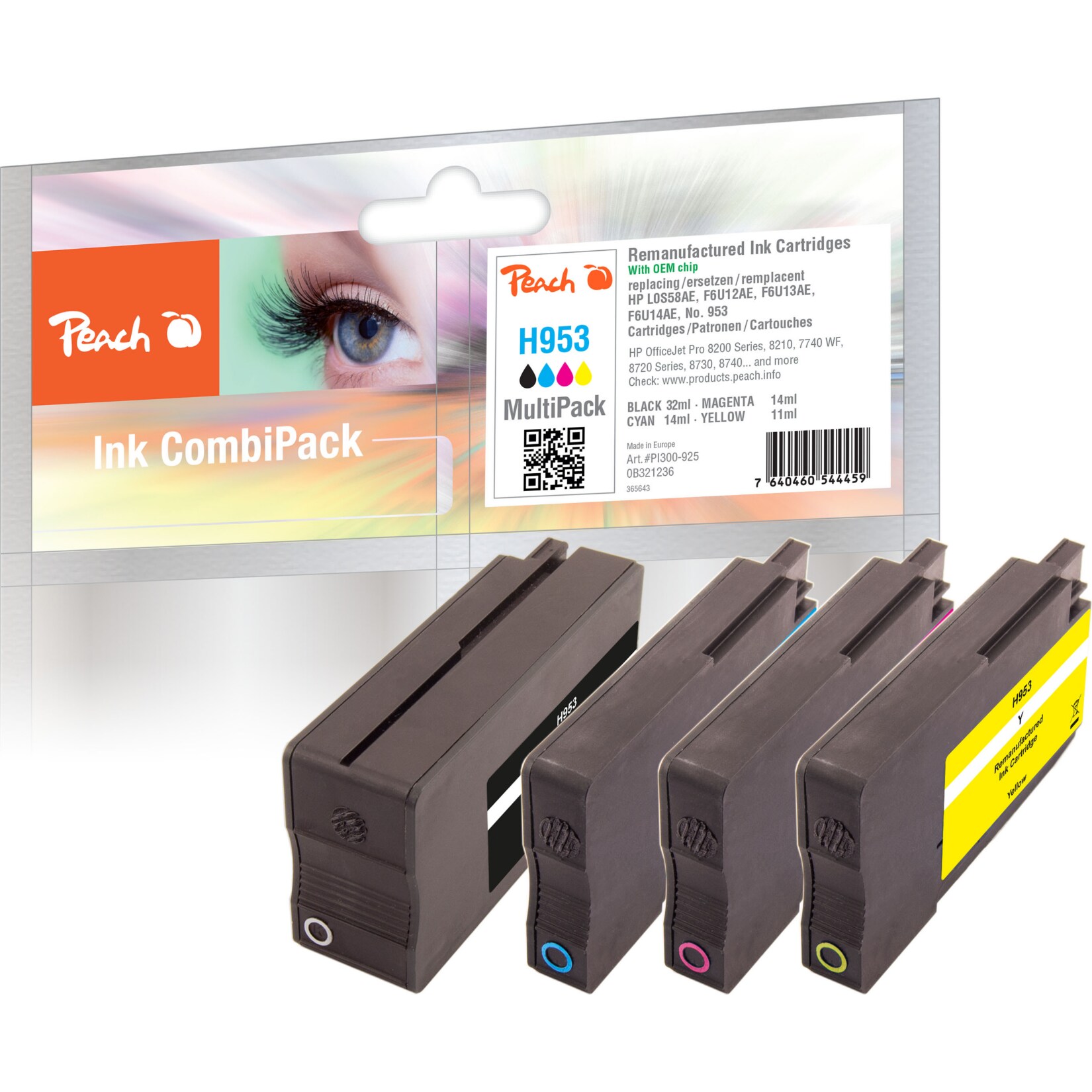 Peach HP 953  4 Druckerpatronen (bk, c/m/y) ersetzt HP No. 953, L0S58AE, F6U12AE, F6U13AE, F6U14AE für z.B. HP OfficeJet Pro 7720, HP OfficeJet Pro 8710 (wiederaufbereitet) | 07640460544459