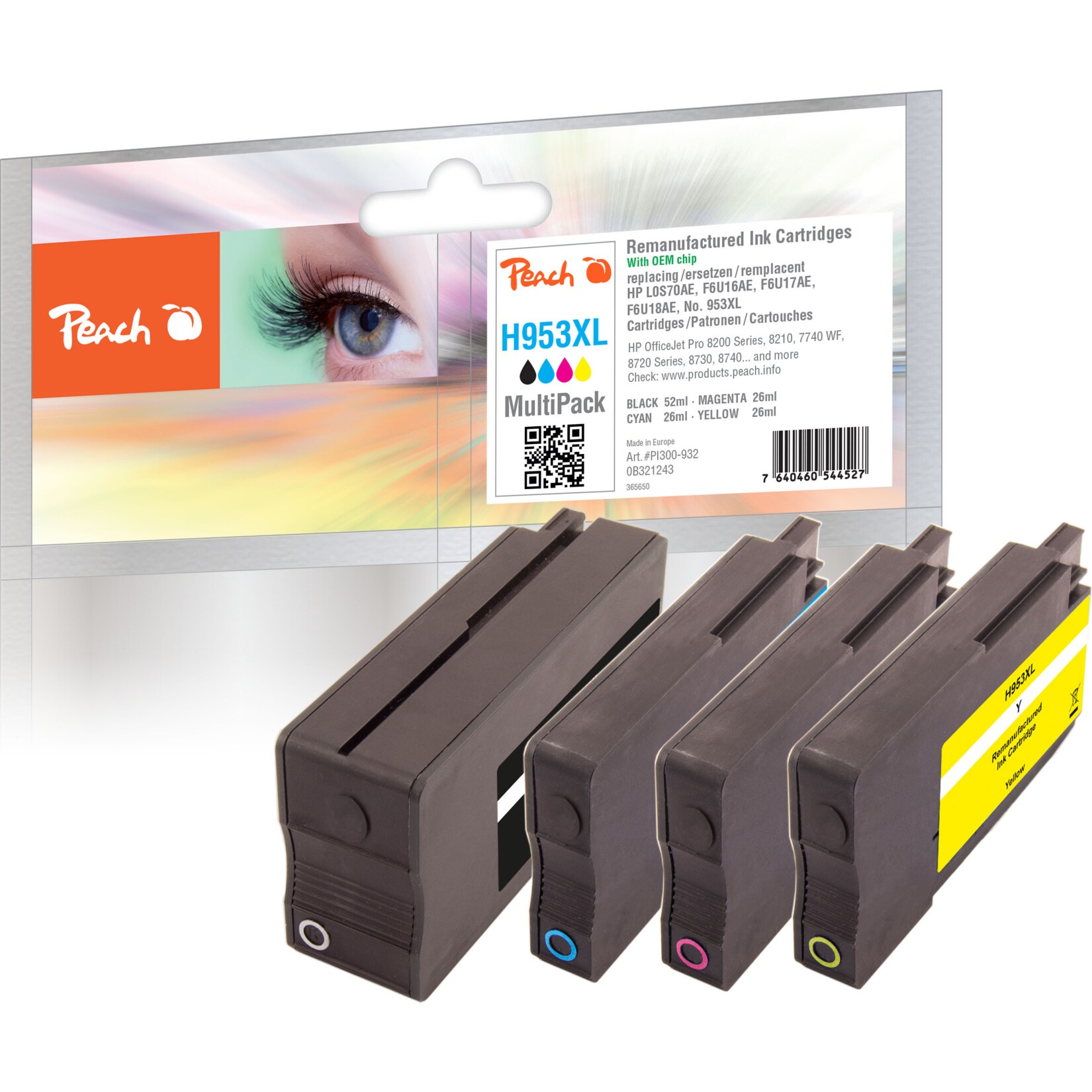 Peach HP 953 XL 4 Druckerpatronen XL (bk, c/m/y) ersetzt HP No. 953XL, L0S70AE, F6U16AE, F6U17AE, F6U18AE f&uuml;r z.B. HP OfficeJet Pro 7740 WF (wiederaufbereitet) - Bild 1