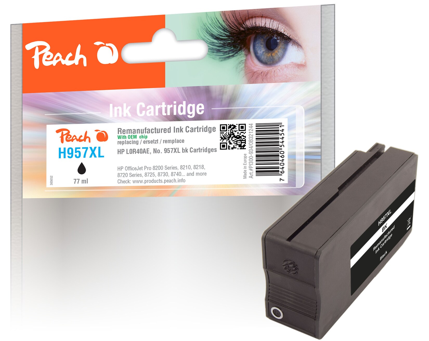 Peach HP 957 XLbk Druckerpatrone XL bk ersetzt HP No. 957XL bk, L0R40AE für z.B. HP OfficeJet Pro 8720, HP OfficeJet Pro 8730, HP OfficeJet Pro 7740 WF (wiederaufbereitet)