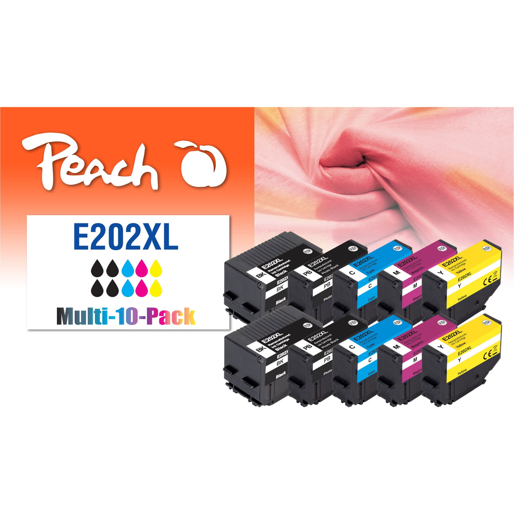 Peach E202 XL 10 Druckerpatronen XL (2*bk, 2*bkph/c/m/y) ersetzt Epson No. 202XL, T02G1*2, T02H1, T02H2, T02H3, T02H4 (wiederaufbereitet) | 07640460544343
