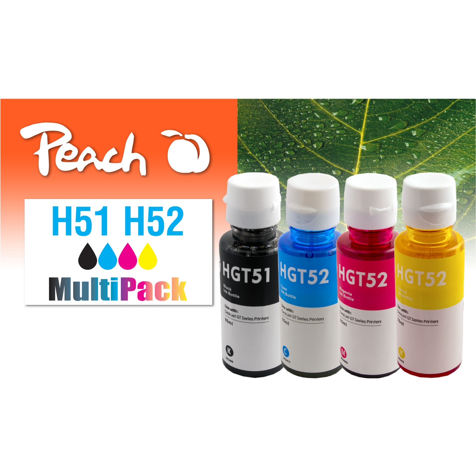 Peach HP GT51/GT52 4 Druckerpatronen (bk, c/m/y) ersetzt HP GT51, GT52, M0H57AE, M0H54AE, M0H55AE, M0H56A f&uuml;r z.B. HP DeskJet GT 5800 - Bild 1