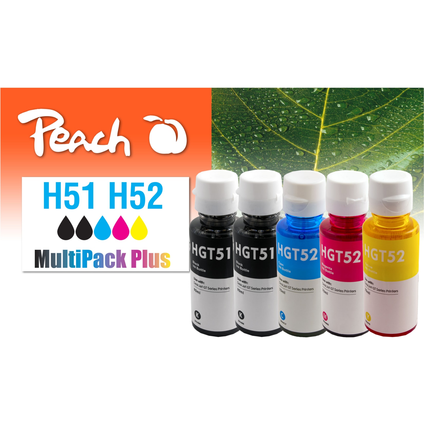 Peach HP GT51/GT52 5 Druckerpatronen (2*bk, c/m/y) ersetzt HP GT51, GT52, M0H57AE*2, M0H54AE, M0H55AE, M0H56A f&uuml;r z.B. HP DeskJet GT 5800 - Bild 1