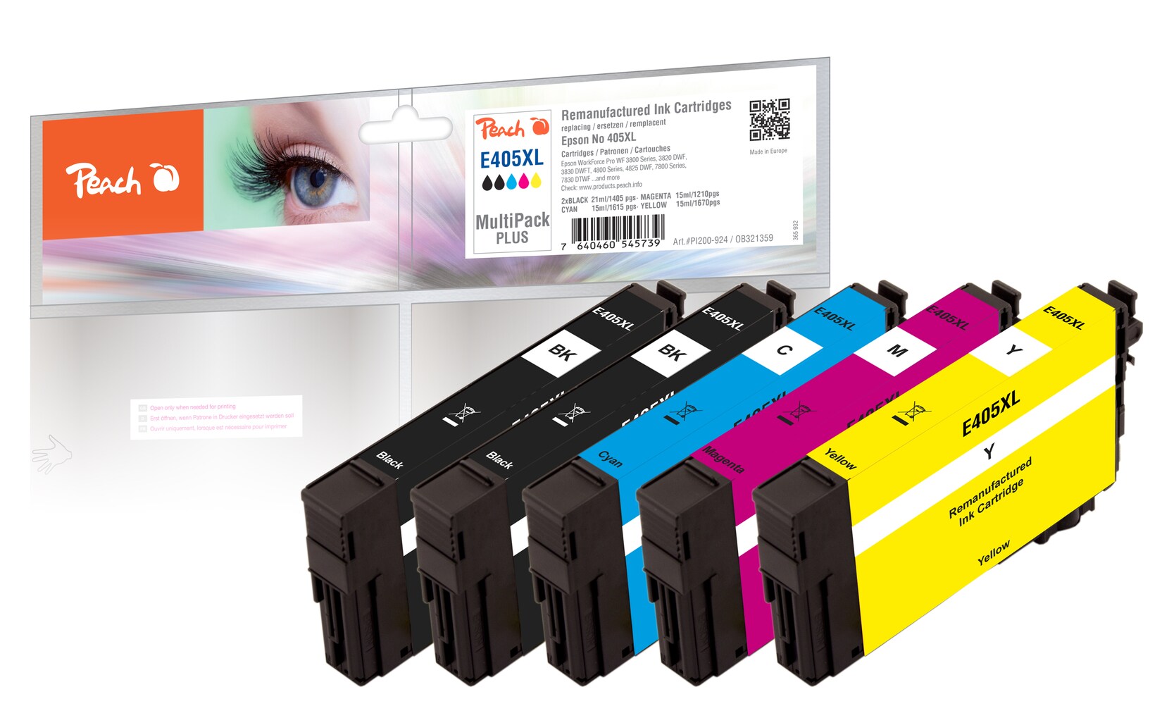 Peach E405 XL 5 Druckerpatronen XL (2*bk/c, m, y) ersetzt Epson No. 405XL für z.B. Epson WorkForce ECC 7000, Epson WorkForce Pro WF -3800 (wiederaufbereitet)