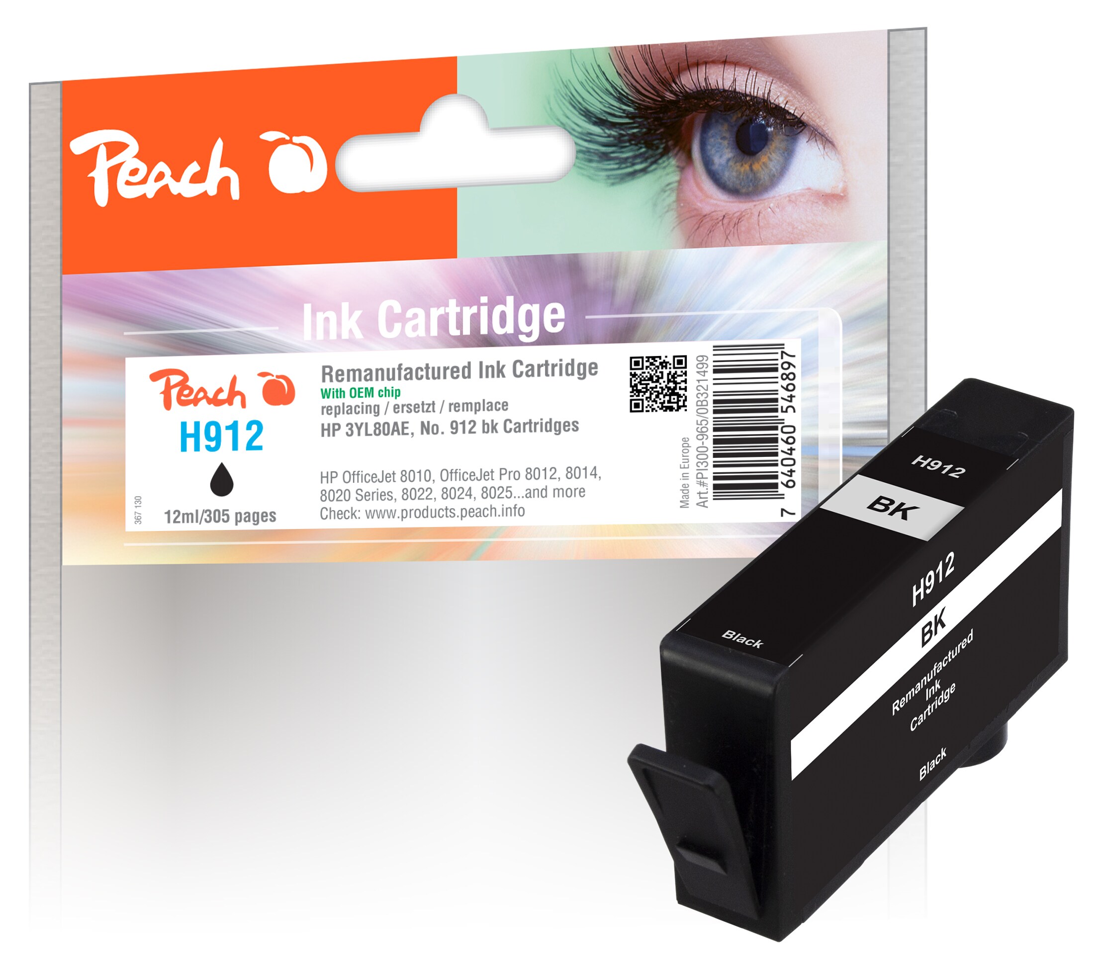 Peach HP 912 BK Druckerpatrone bk ersetzt HP No. 912 BK, 3YL80AE f&uuml;r z.B. HP OfficeJet 8010, HP OfficeJet Pro 8020, HP OfficeJet Pro 8012 (wiederaufbereitet) - Bild 1