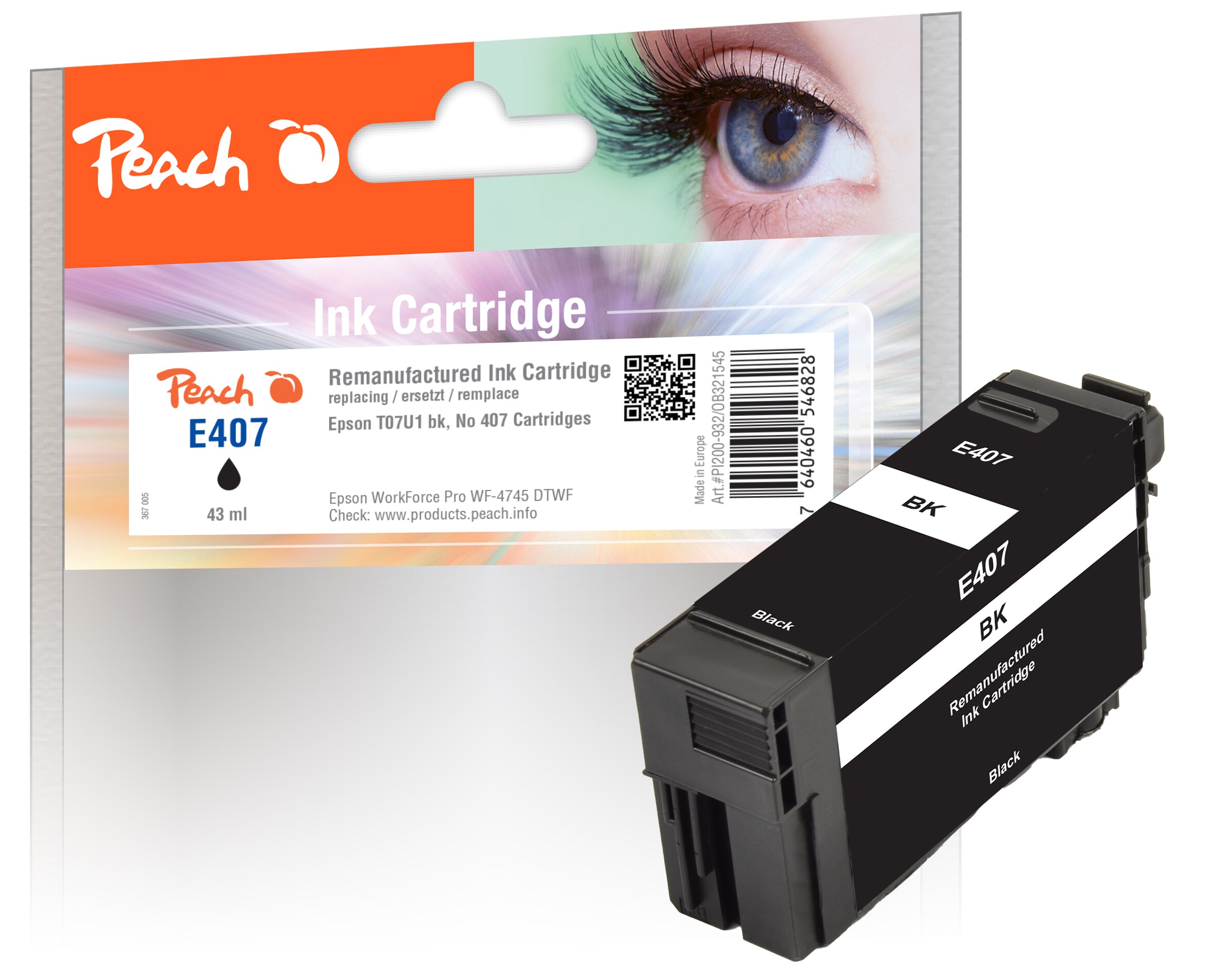 Peach E407 BK Druckerpatrone bk ersetzt Epson No. 407BK, C13T07U140 f&uuml;r z.B. Epson WorkForce Pro WF -4745 DTWF (wiederaufbereitet) - Bild 1