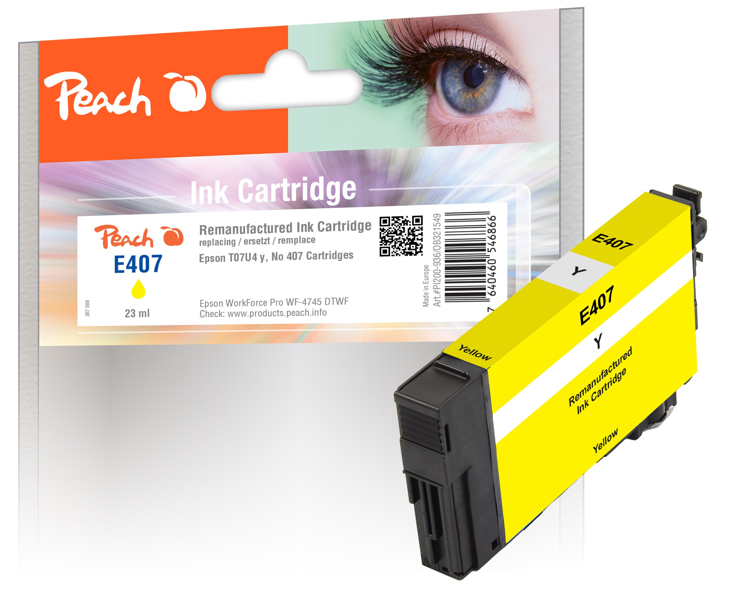 Peach E407 Y Druckerpatrone ye ersetzt Epson No. 407Y, C13T07U440 f&uuml;r z.B. Epson WorkForce Pro WF -4745 DTWF (wiederaufbereitet) - Bild 1