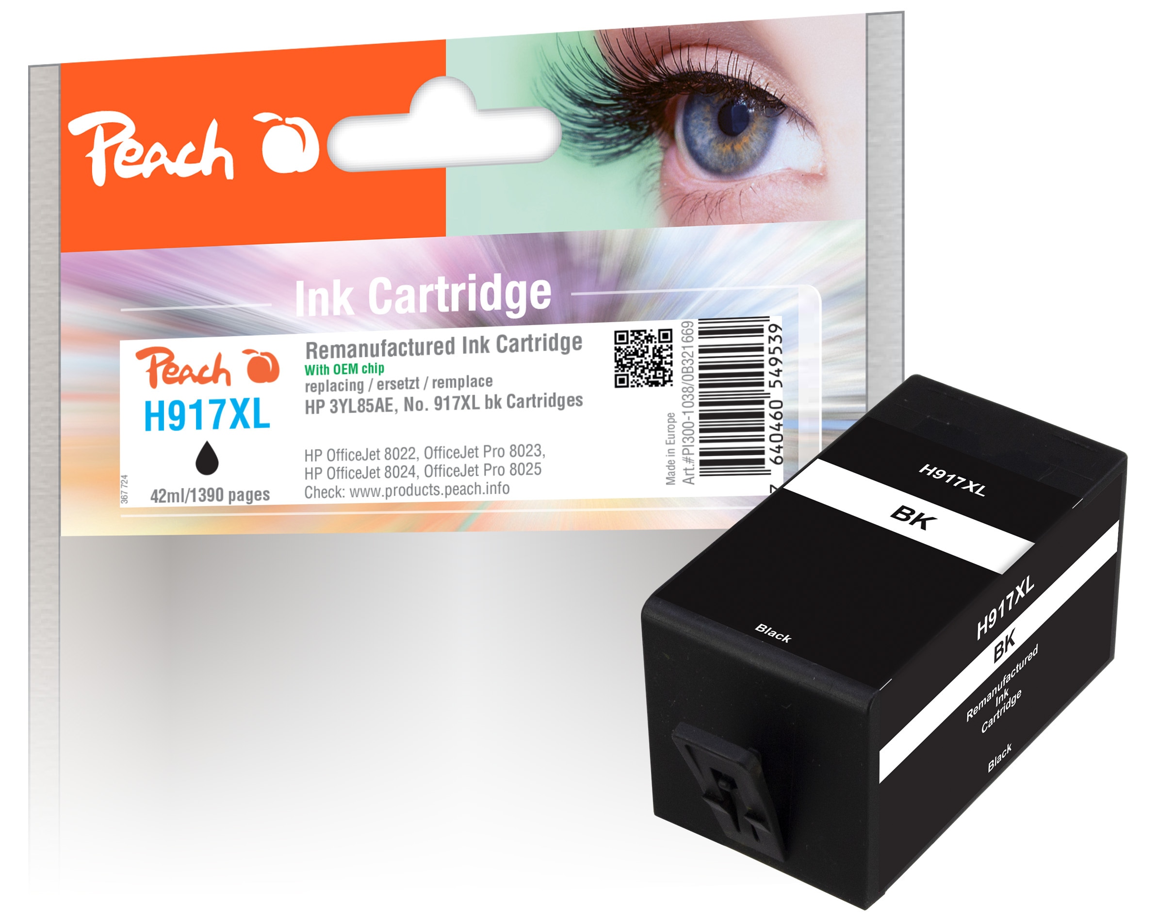Peach HP 917 XLBK Druckerpatrone XL bk ersetzt HP No. 917XL BK, 3YL85AE f&uuml;r z.B. HP OfficeJet Pro 8020, HP OfficeJet Pro 8022, HP OfficeJet Pro 8023 (wiederaufbereitet) - Bild 1