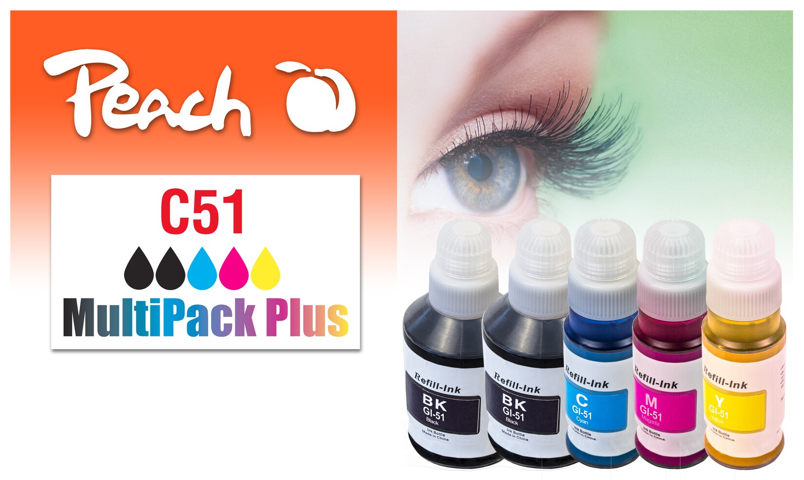 Peach C51  5 Druckerpatronen (2*bk, c/m/y) ersetzt Canon GI-51 für z.B. Canon Pixma G 1520, Canon Pixma G 1560, Canon Pixma G 2520 | 07640460547610