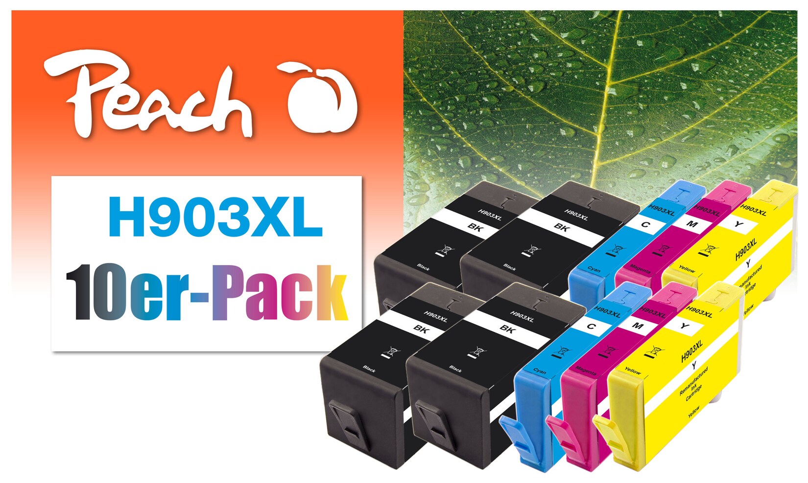Peach HP 903 XL 10 Druckerpatronen XL (2*bk, bk, c/m/y) ersetzt HP No. 903XL, T6M15AE*4, T6M03AE*2, T6M07AE*2, T6M11AE*2 für z.B. HP OfficeJet Pro 6970 (wiederaufbereitet) | 07640460548327