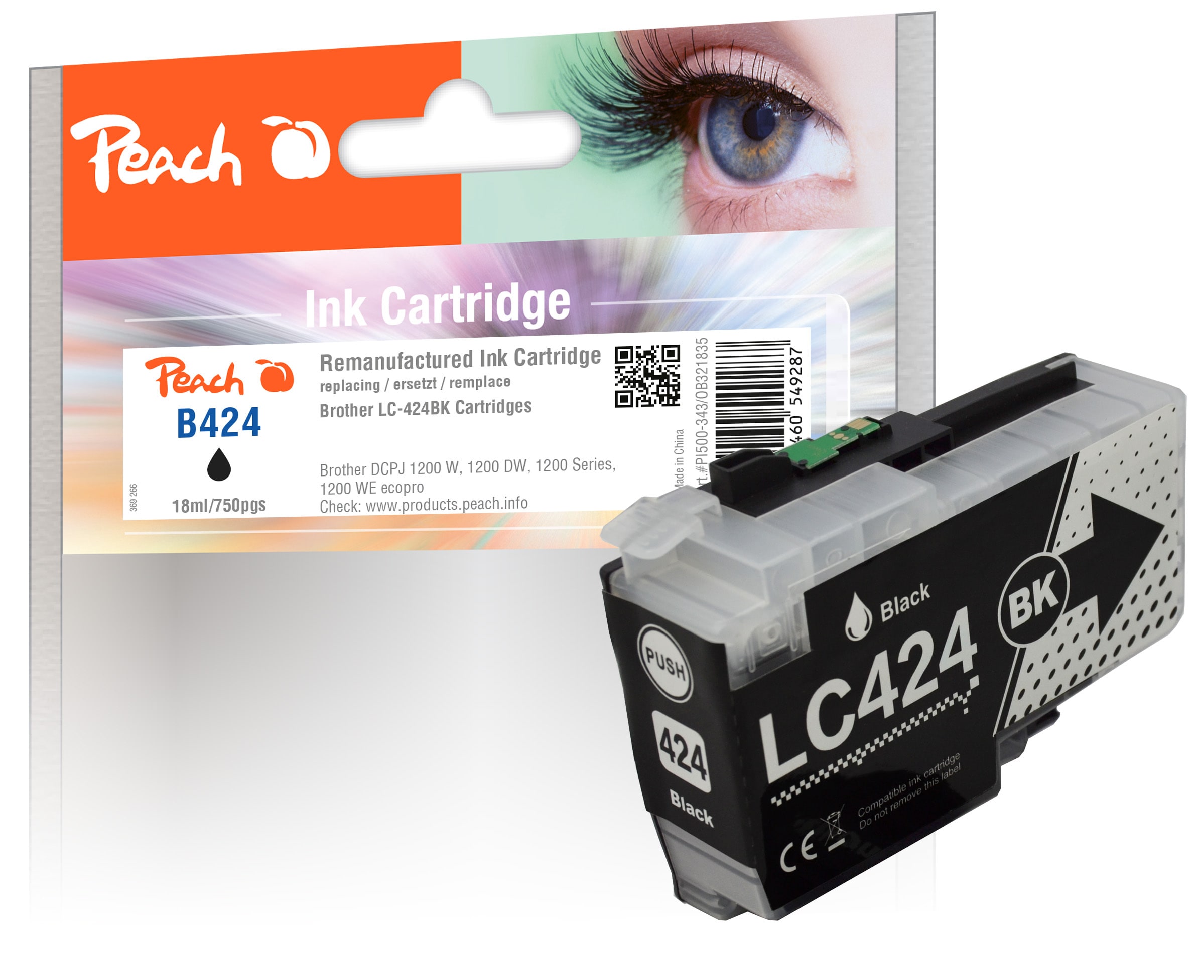 Peach B424 BK Druckerpatrone bk ersetzt Brother LC-424BK f&uuml;r z.B. Brother DCPJ 1200 W, Brother DCPJ 1200 DW, Brother DCPJ 1200 WE ecopro (wiederaufbereitet) - Bild 1