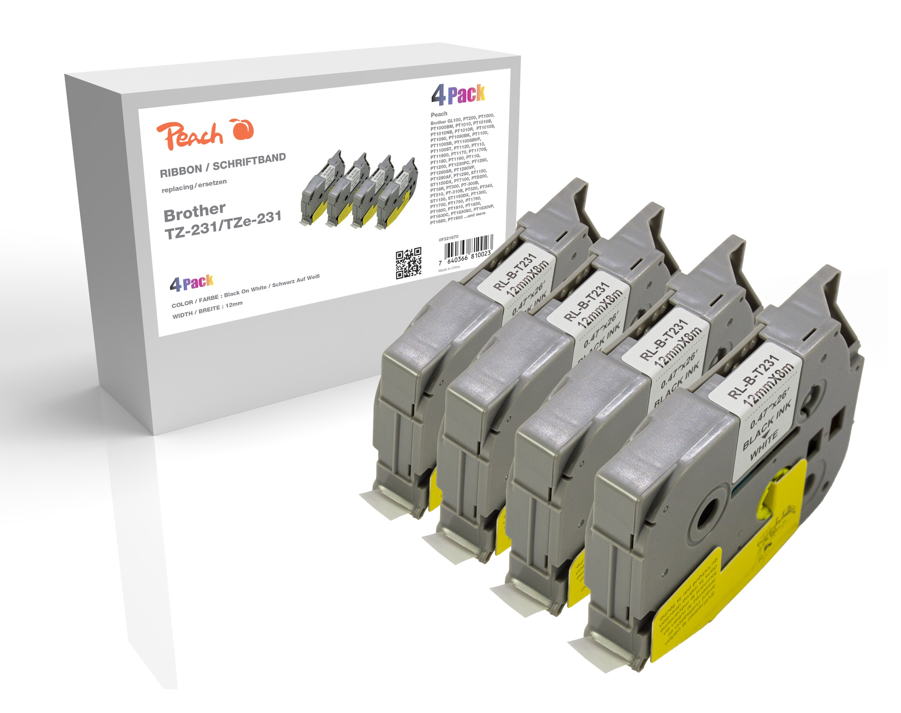 Peach Schriftbandkassette kompatibel zu Brother TZ-231/TZe-231, Pack(4) Brother BR-TZ231 - Bild 1