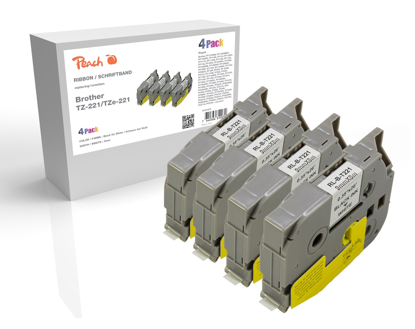 Peach Schriftbandkassette kompatibel zu Brother TZ-221/TZe-221, Pack(4) Brother BR-TZ221