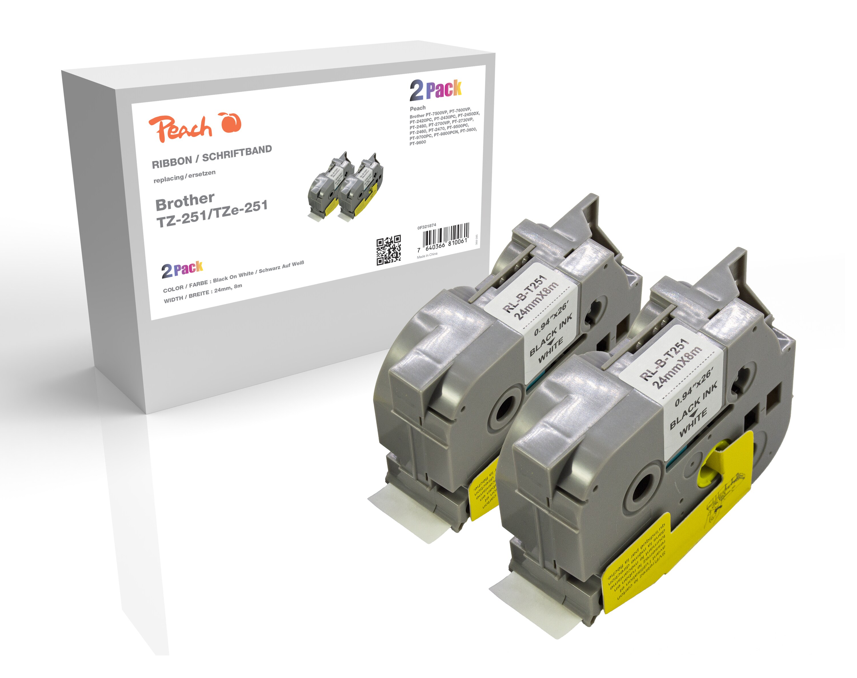 Peach Schriftbandkassette kompatibel zu Brother TZ-251/TZe-251, Pack(2) Brother BR-TZ251 - Bild 1