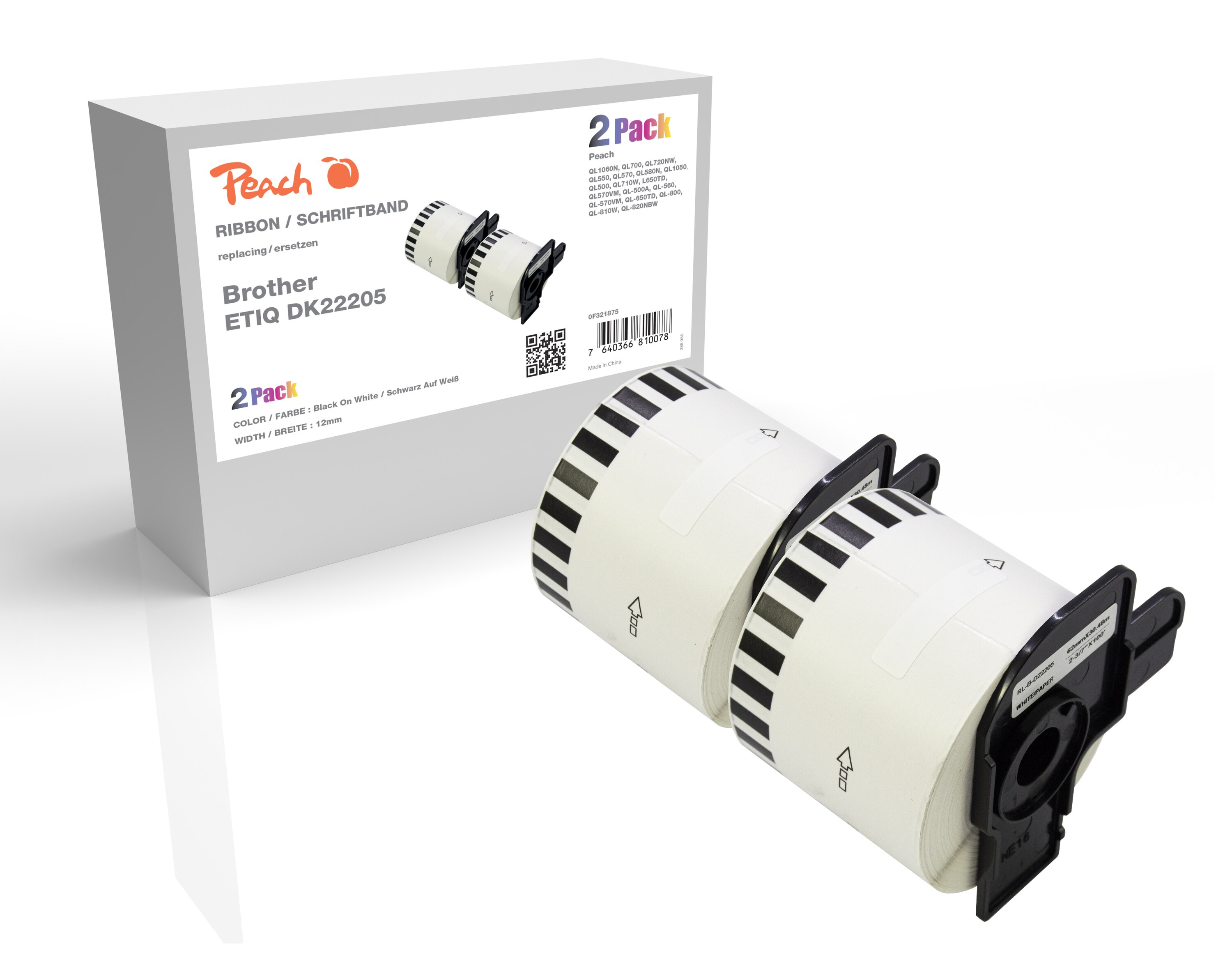Peach Etikettenrolle kompatibel zu Brother DK-22205, Pack(2) Brother BR-DK-22205 - Bild 1