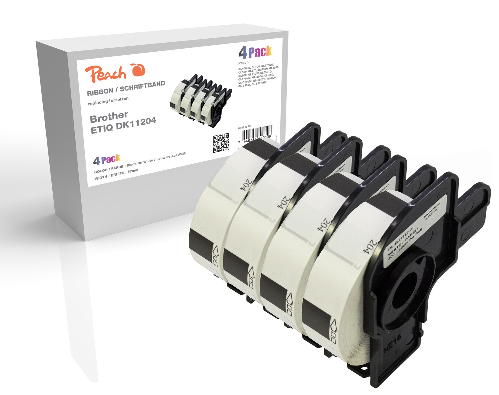 Peach Etikettenrolle kompatibel zu Brother DK-11204, Pack(4) Brother BR-DK-11204 | 07640366810108