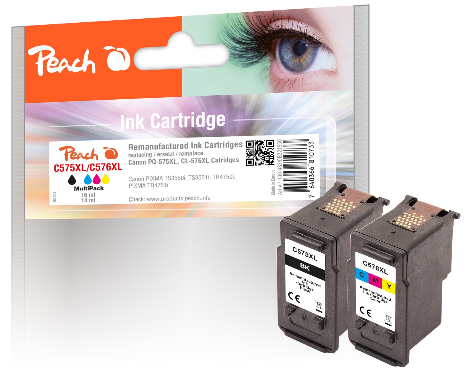 Peach C575 XL 2 Druckköpfe XL (bk, col) ersetzt Canon PG-575XL, CL-576XL für z.B. Canon Pixma TS 3750 i, Canon Pixma TS 3550 i, Canon Pixma TR 4755 i (wiederaufbereitet)