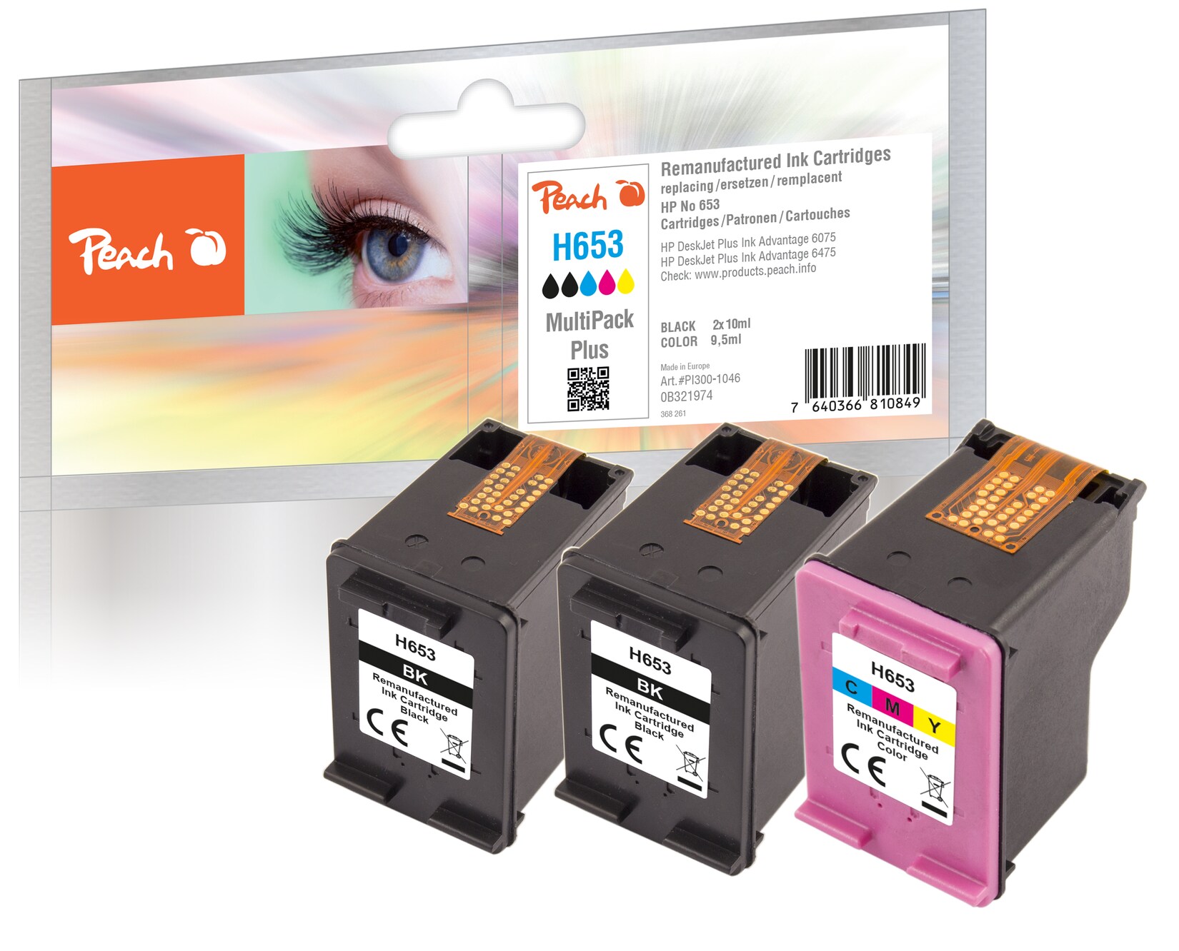 Peach HP 653 3 Druckköpfe (2*bk, col) ersetzt HP No. 653, 3YM75AE*2, 3YM74AE , 3YM60AE für z.B. HP DeskJet Plus Ink Advantage 6475 (wiederaufbereitet)