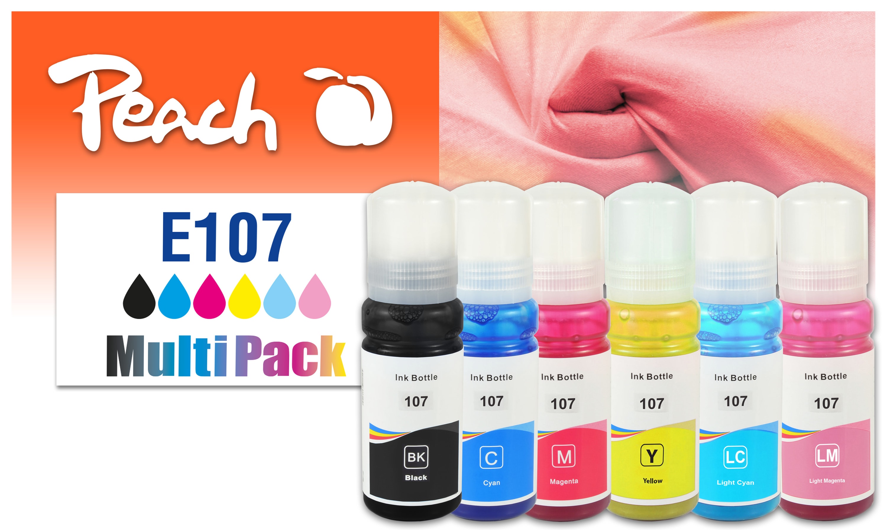 Peach E107  6 Druckerpatronen (bk, cy/cyli/ma/mali/ye) ersetzt Epson No. 107, T09B1, T09B2, T09B3, T09B4, T09B5, T09B6 f&uuml;r z.B. Epson EcoTank ET -18100 - Bild 1
