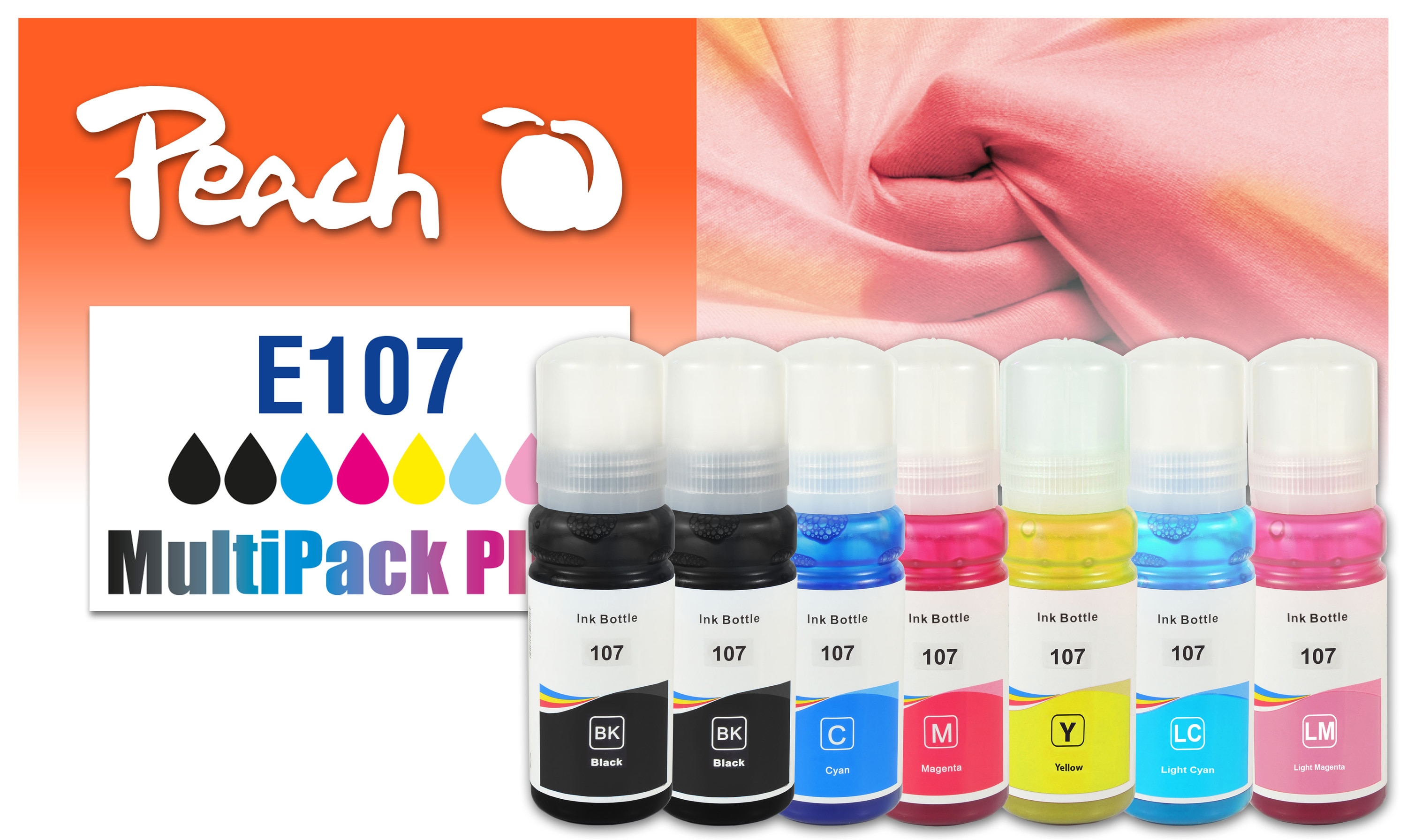 Peach E107  7 Druckerpatronen (2*bk, cy/cyli/ma/mali/ye) ersetzt Epson No. 107, T09B1*2, T09B2, T09B3, T09B4, T09B5, T09B6 f&uuml;r z.B. Epson EcoTank ET -18100 - Bild 1