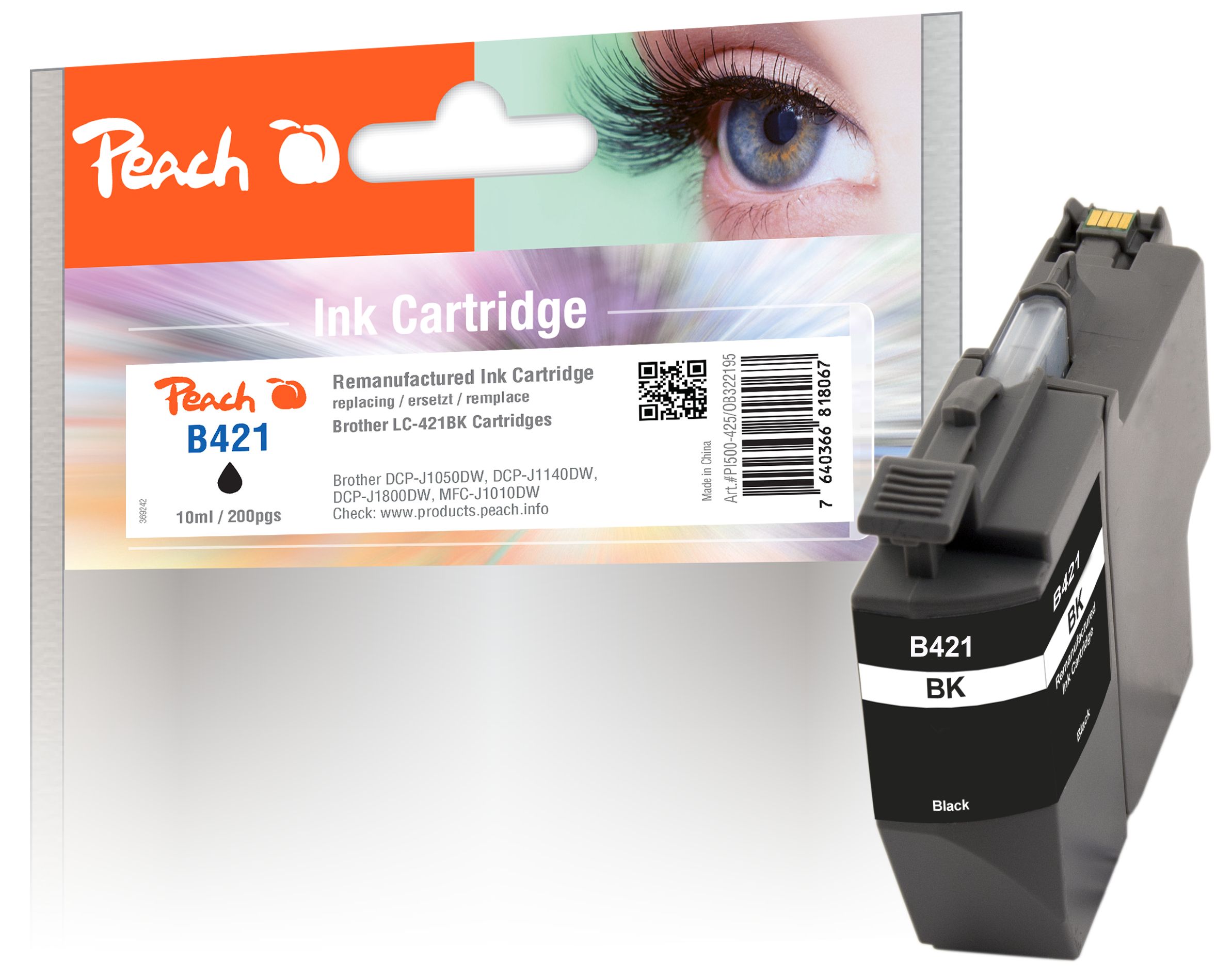 Peach B421 BK Druckerpatrone bk ersetzt Brother LC-421BK f&uuml;r z.B. Brother MFCJ 1010 DW, Brother DCPJ 1050 DW, Brother DCPJ 1140 DW (wiederaufbereitet) - Bild 1