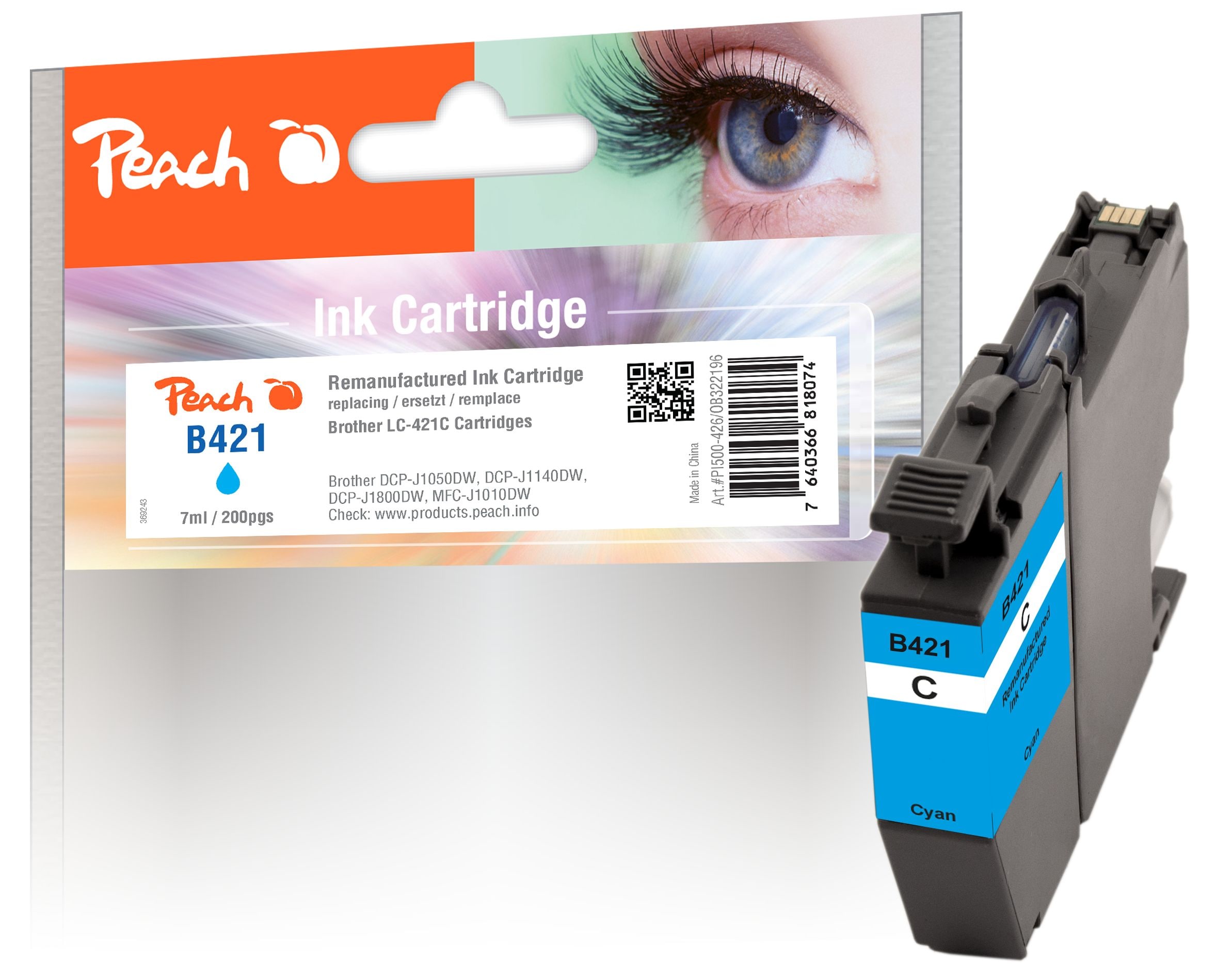 Peach B421 C Druckerpatrone cy ersetzt Brother LC-421C f&uuml;r z.B. Brother MFCJ 1010 DW, Brother DCPJ 1050 DW, Brother DCPJ 1140 DW, Brother DCPJ 1800 DW (wiederaufbereitet) - Bild 1