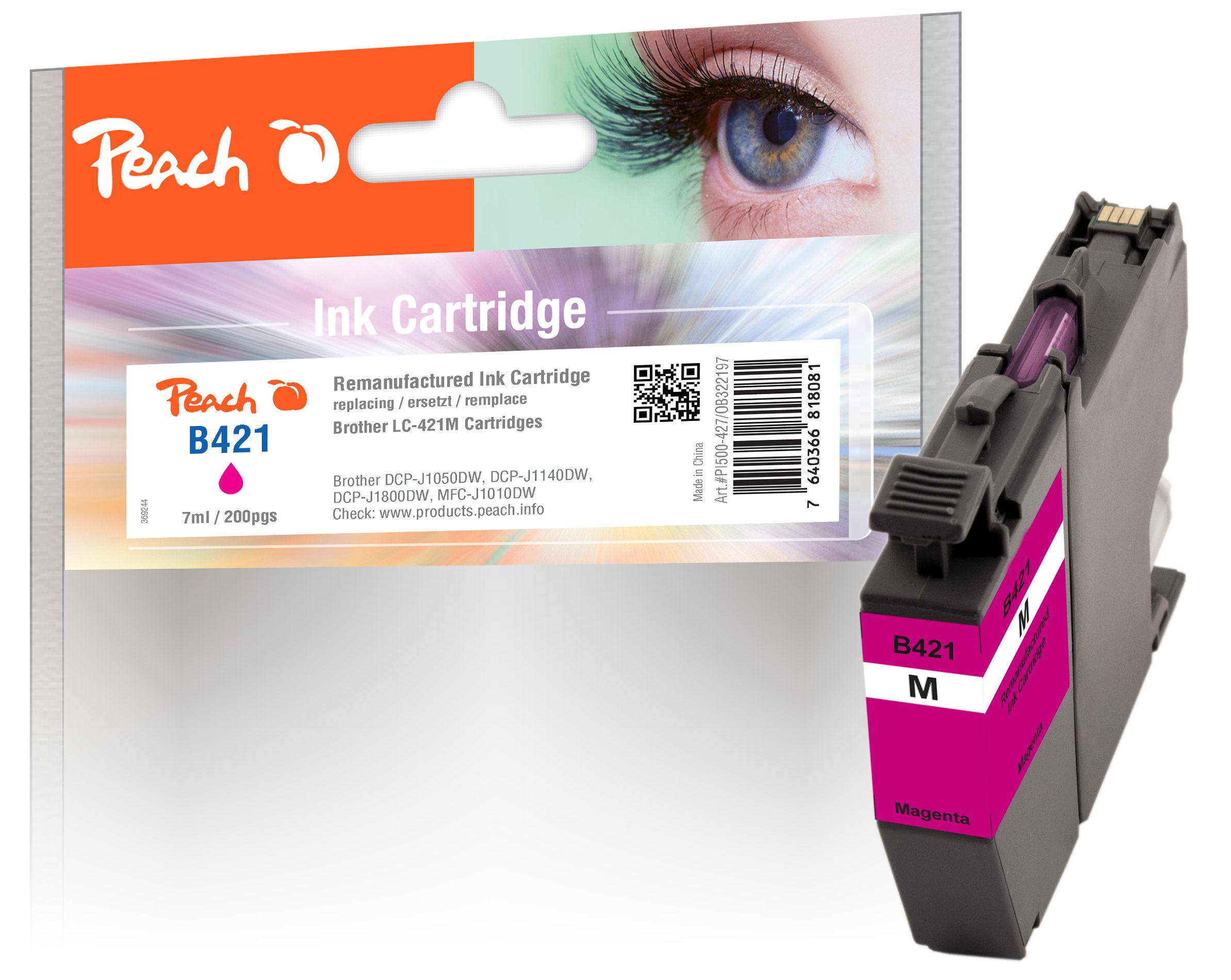 Peach B421 M Druckerpatrone ma ersetzt Brother LC-421M f&uuml;r z.B. Brother MFCJ 1010 DW, Brother DCPJ 1050 DW, Brother DCPJ 1140 DW, Brother DCPJ 1800 DW (wiederaufbereitet) - Bild 1