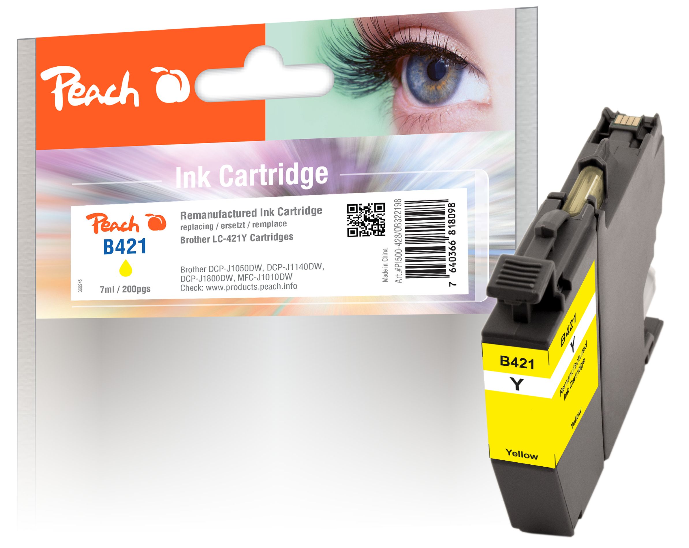 Peach B421 Y Druckerpatrone ye ersetzt Brother LC-421Y f&uuml;r z.B. Brother MFCJ 1010 DW, Brother DCPJ 1050 DW, Brother DCPJ 1140 DW, Brother DCPJ 1800 DW (wiederaufbereitet) - Bild 1