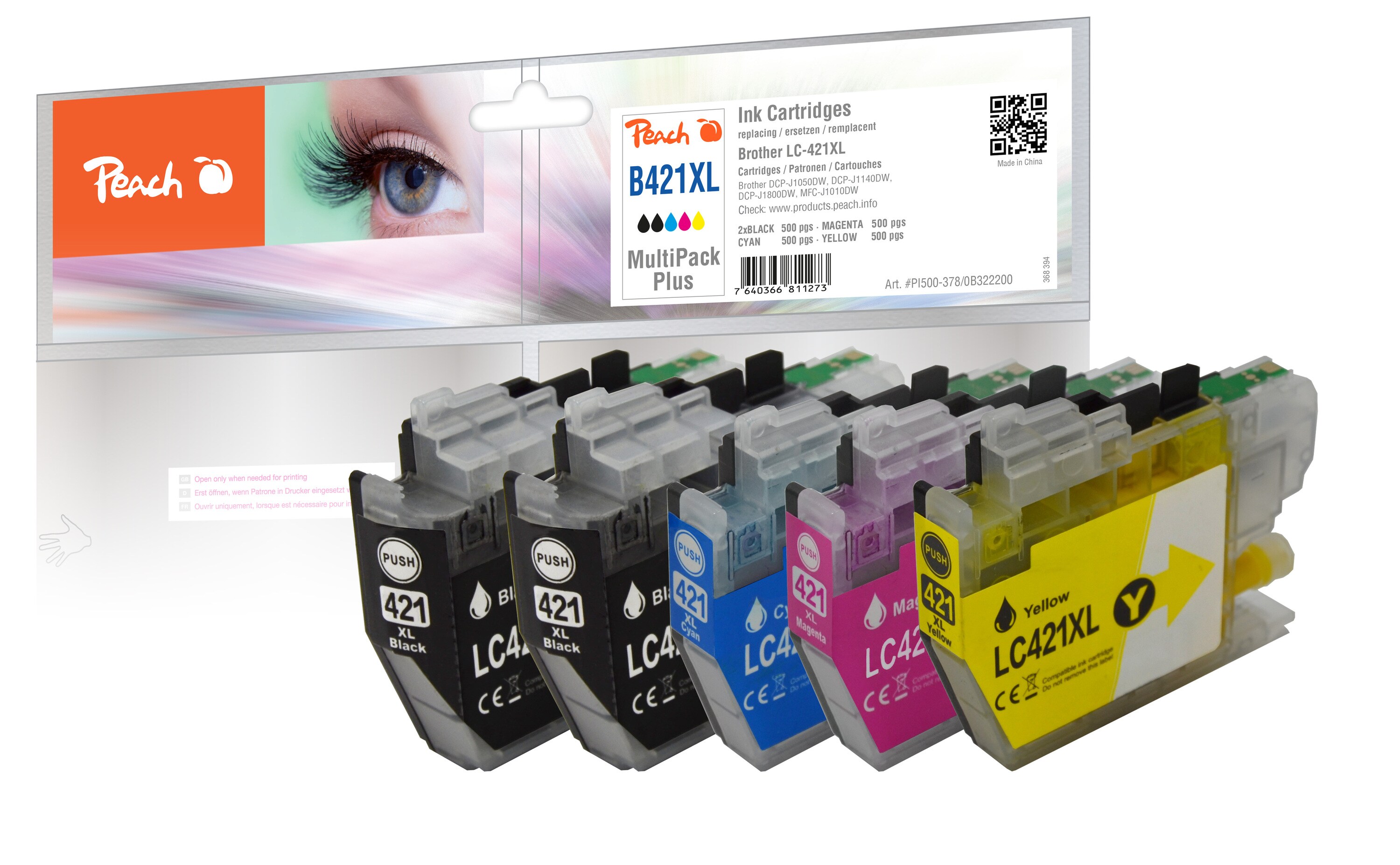 Peach B421  Spar Plus Pack Druckerpatronen (2*bk, c/m/y) ersetzt Brother LC-421 f&uuml;r z.B. Brother MFCJ 1010 DW, Brother DCPJ 1050 DW (wiederaufbereitet) - Bild 1