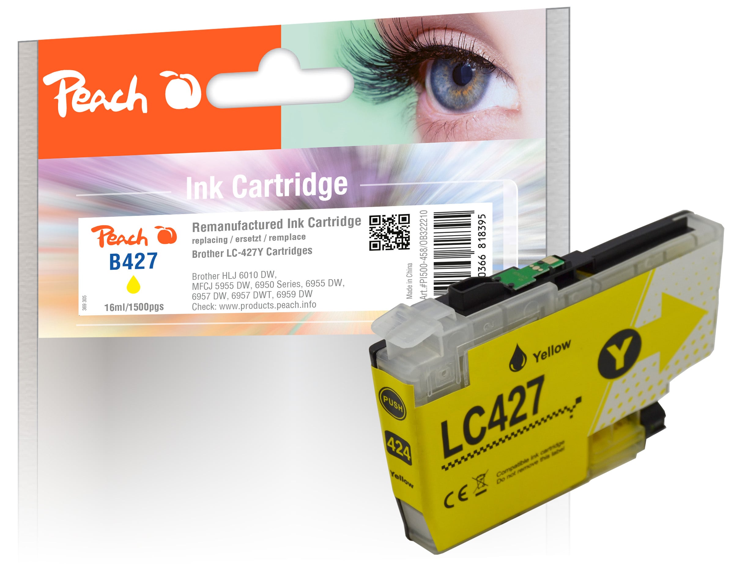 Peach B427 Y Druckerpatrone ye ersetzt Brother LC-427Y f&uuml;r z.B. Brother MFCJ 5955 DW, Brother MFCJ 6957 DW, Brother HLJ 6010 DW, Brother MFCJ 6950 (wiederaufbereitet) - Bild 1