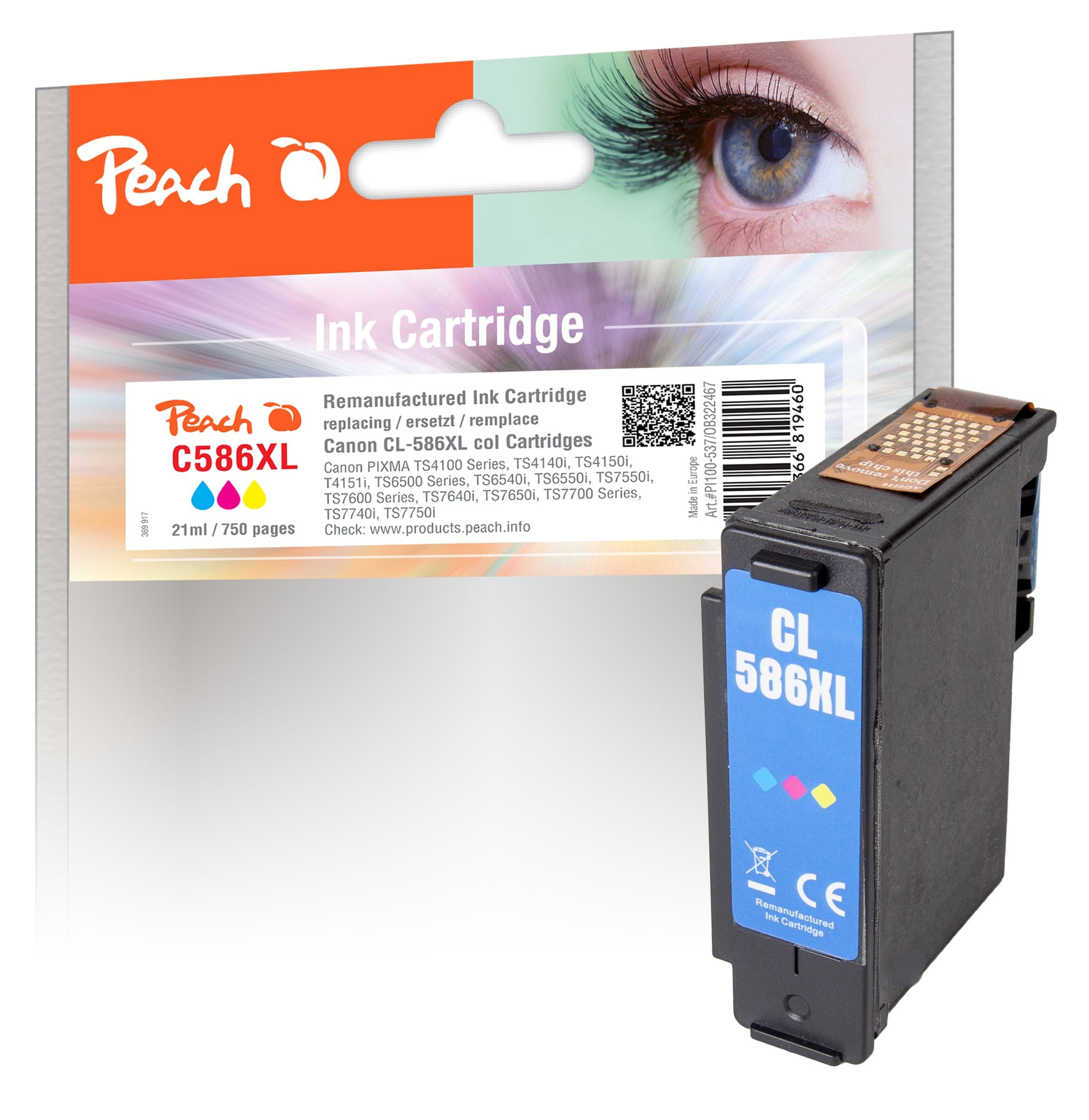 Peach C586 XL Druckkopf XL col ersetzt Canon CL-586XL, 6226C001 f&uuml;r z.B. Canon Pixma TS 7700, Canon Pixma TS 7750 i, Canon Pixma TS 4100 (wiederaufbereitet) - Bild 1