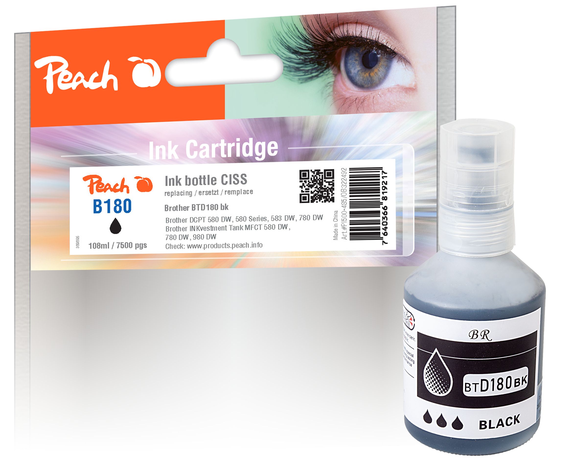 Peach B180  Tintenbeh&auml;lter bk ersetzt Brother BTD180BK f&uuml;r z.B. Brother DCPT 580 DW, Brother DCPT 580, Brother DCPT 583 DW, Brother DCPT 780 DW - Bild 1
