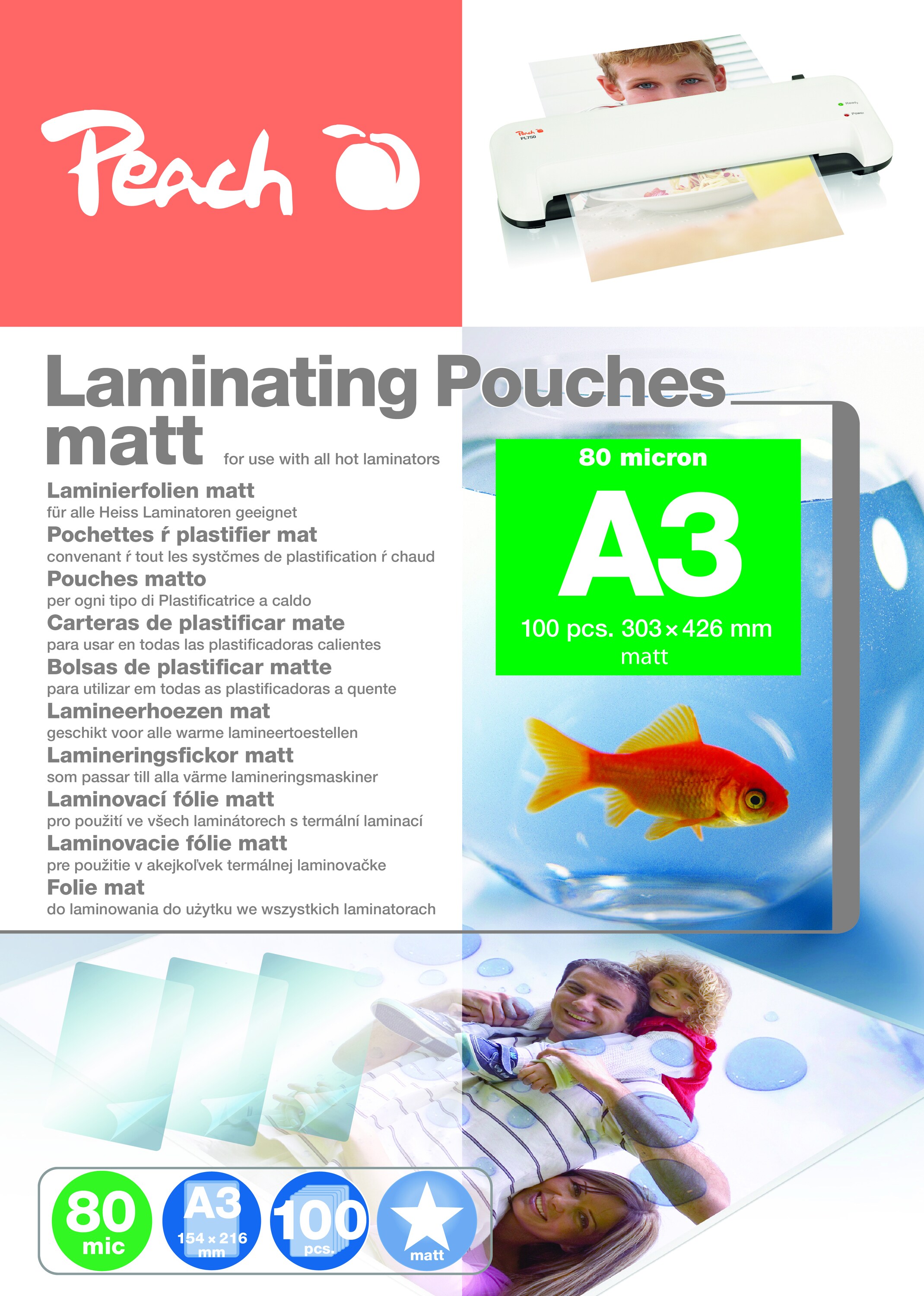 Peach 100 x A3 Laminierfolien, 80 mic, matt - Bild 1