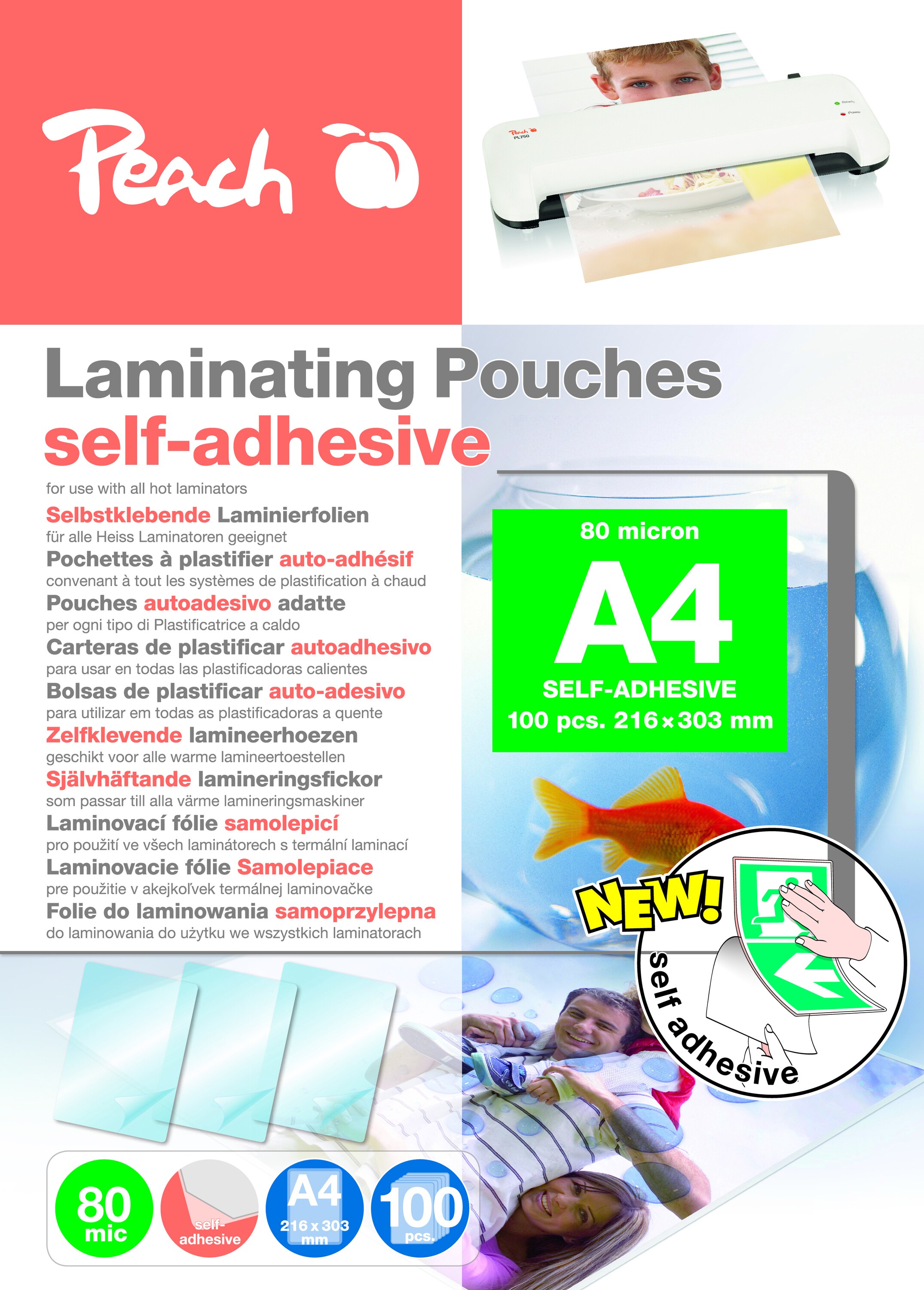 Peach 100 x A4 Laminierfolien, 80 mic, selbstklebend - Bild 1