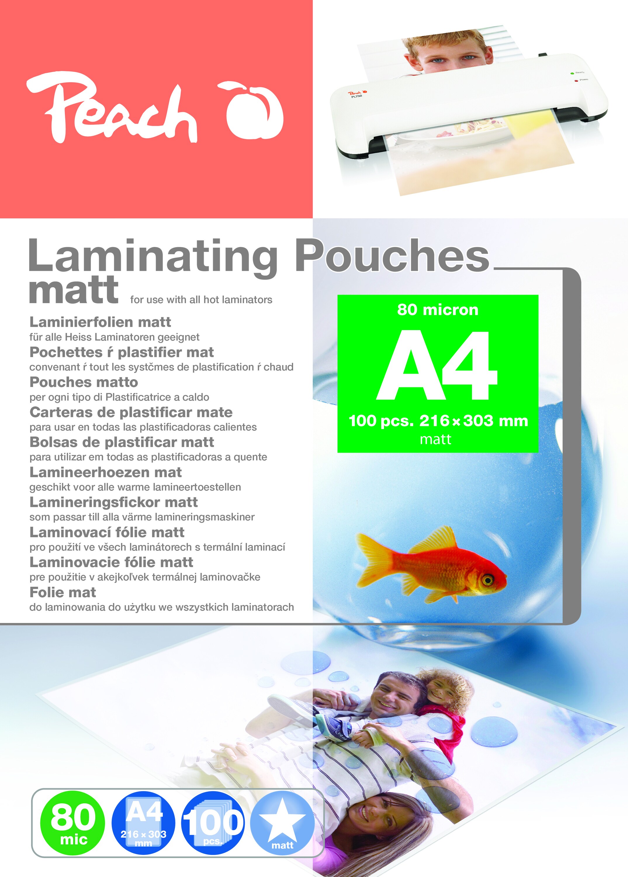 Peach 100 x A4 Laminierfolien, 80 mic, matt - Bild 1