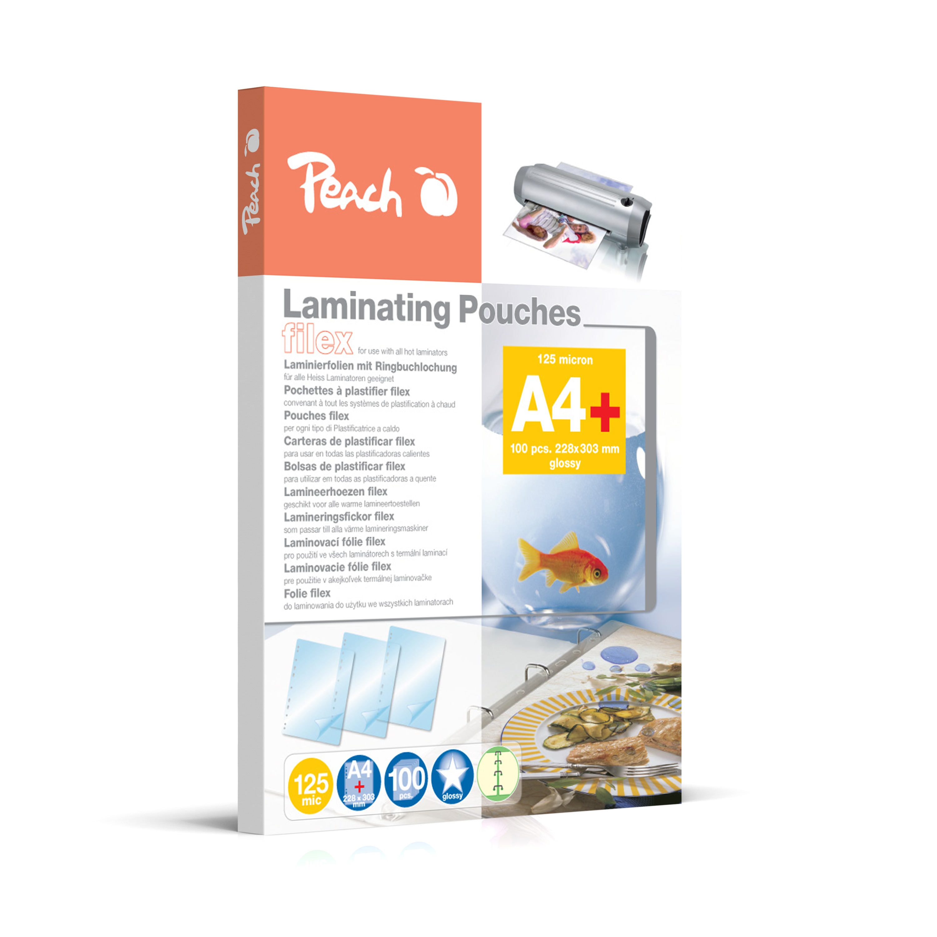 Peach 100 x A4 Laminierfolien, 125 mic, abheftbar, gl&auml;nzend - Bild 1