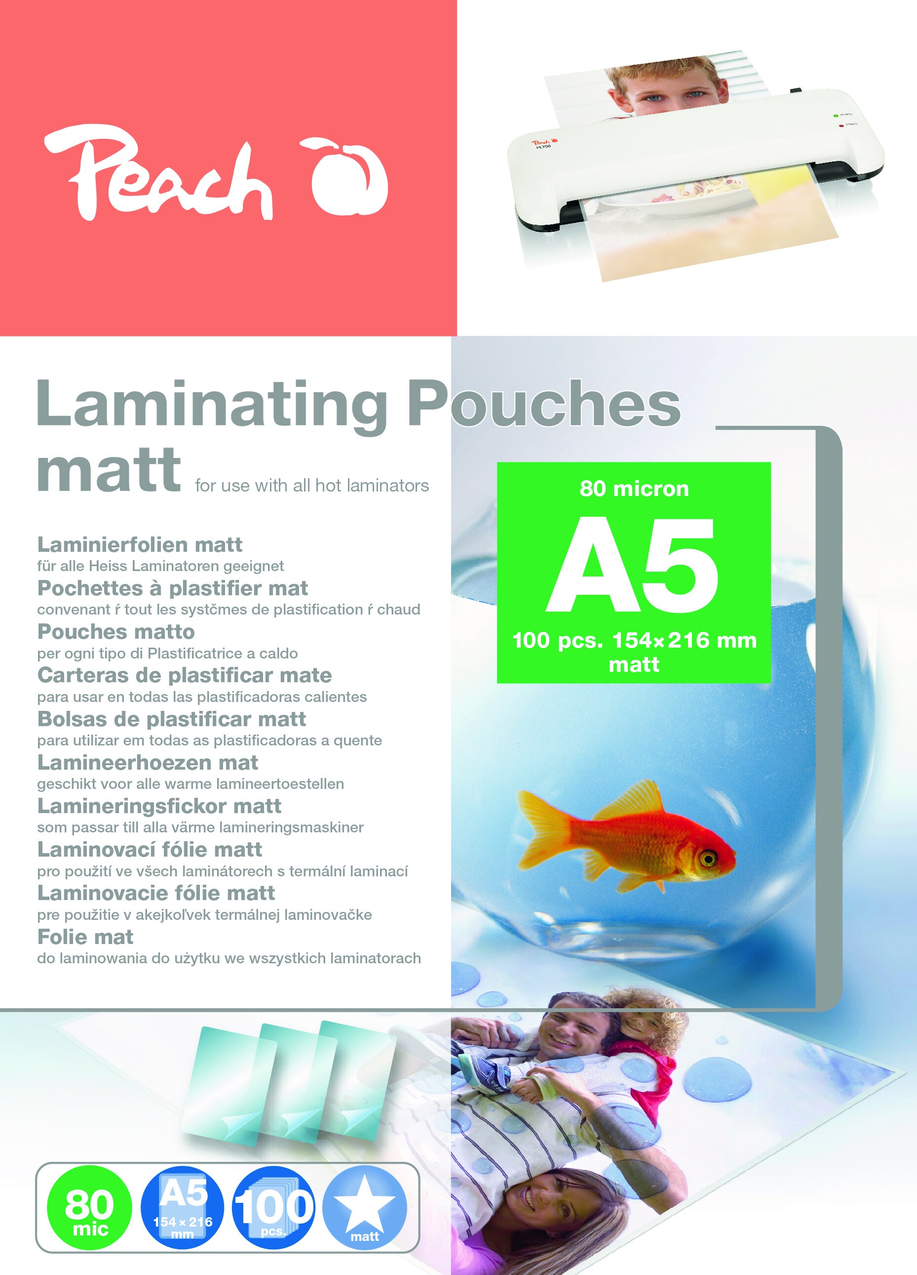 Peach 100 x A5 Laminierfolien, 80 mic, matt - Bild 1