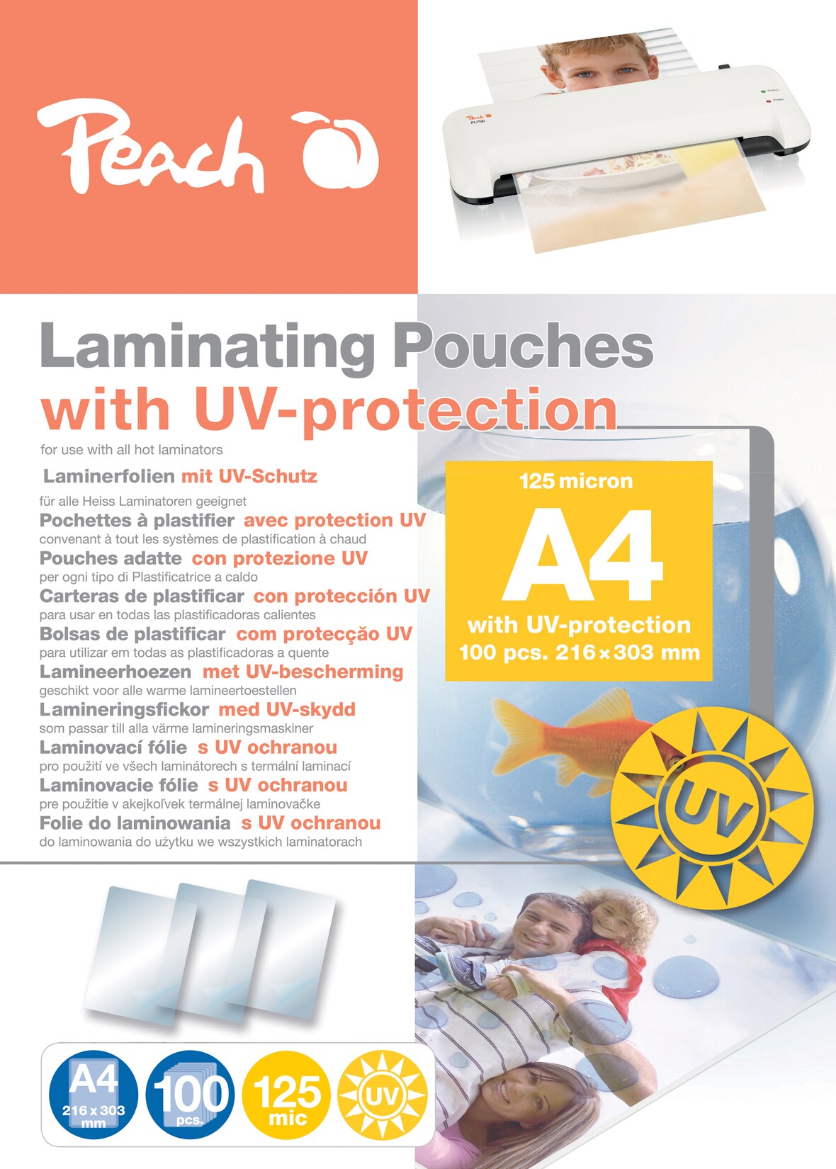 Peach 100 x A4 Laminierfolien, 125 mic, mit UV-Schutz | 07640460549461